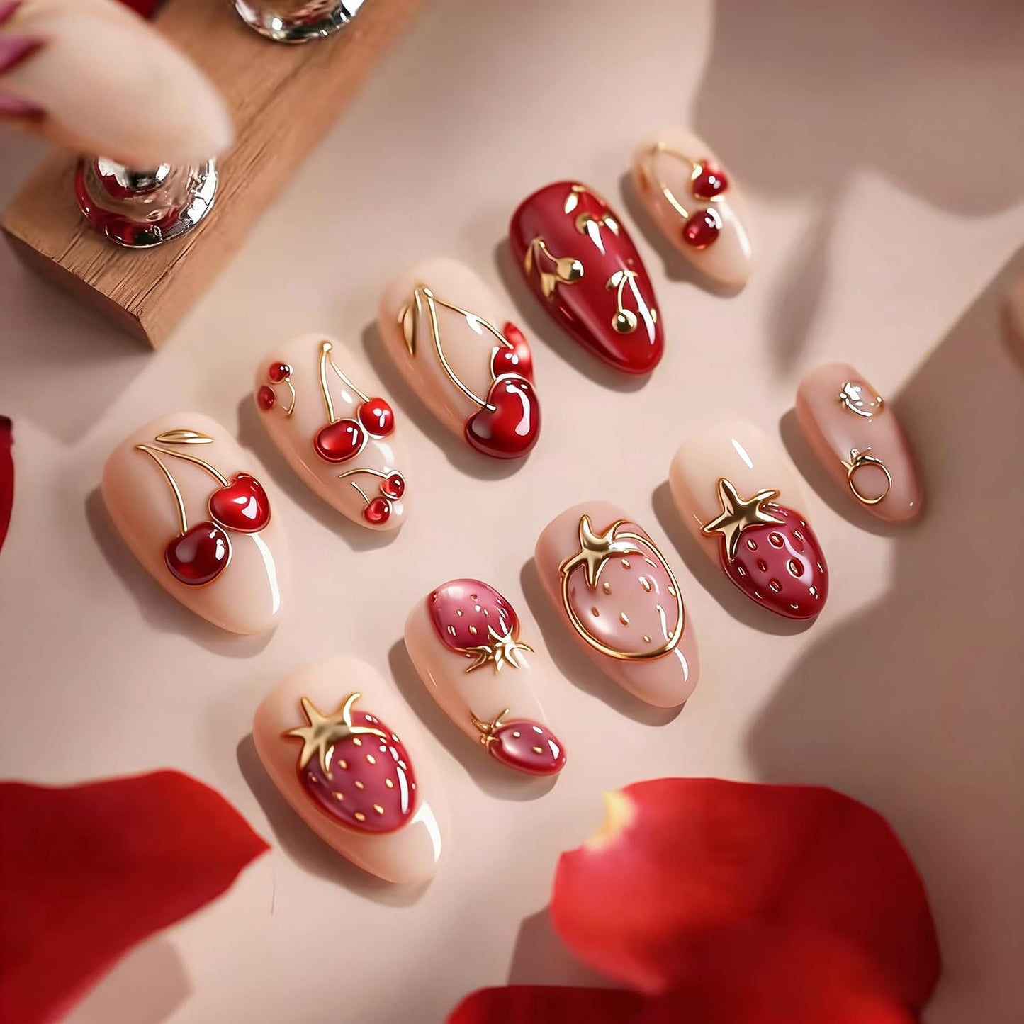 Press On Nails - Short Almond French Tip with Blue 3D Flowers | Glossy Acrylic Beach Designs for Women