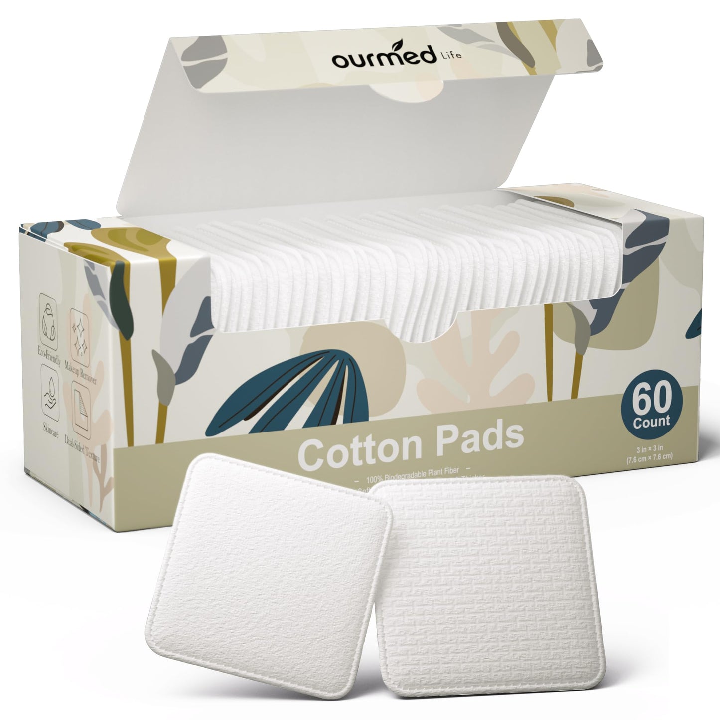 Ourmed Life Large Cotton Pads for Face, Soft & Lint-Free Cotton Rounds with Pressed Seam Design, Durable Facial Cleansing Squares for Face, Ideal Makeup Remover Pads, 3x3 Inch, 60 Count