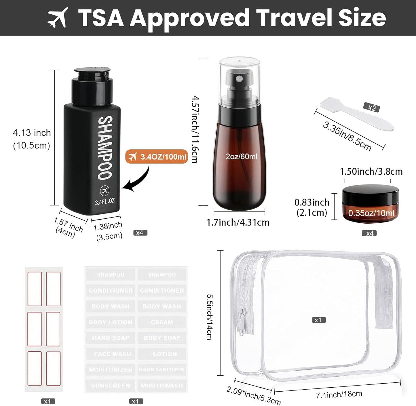 Travel Bottles for Toiletries - 14PCS TSA Approved Leak-Proof 3.4oz Shampoo & Conditioner Set | Black Refillable Containers