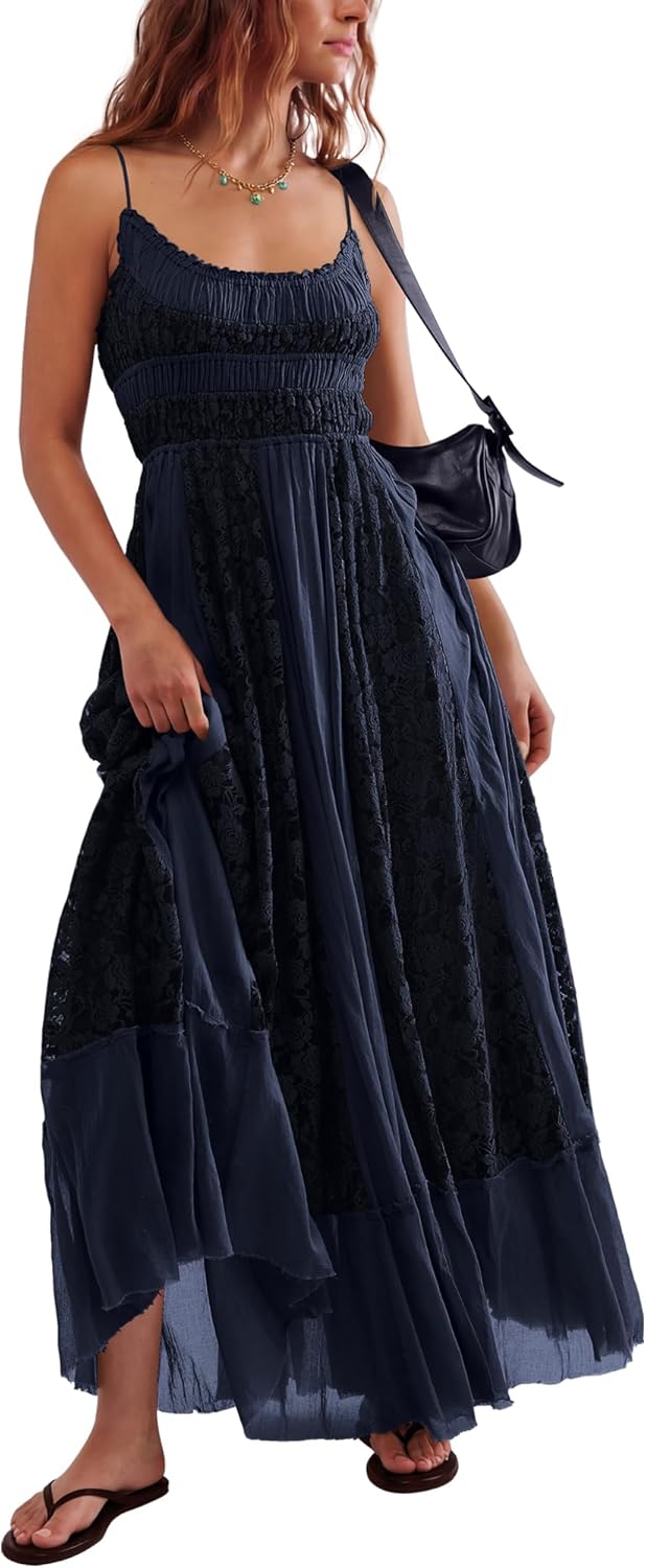 Bohemian Maxi Dress for Women - Casual Lace Floral Embroidery | Flowy A-Line Beach Dress