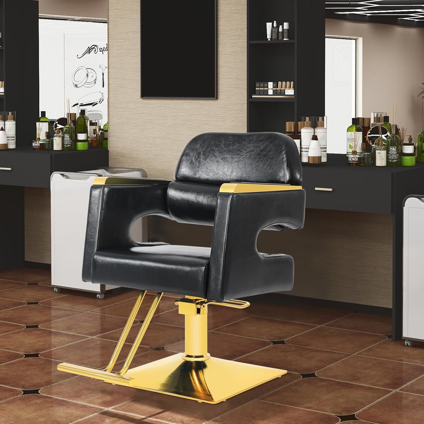 Salon Chair for Hair Stylists - Black Gold Adjustable Hydraulic Styling Chair | Modern Barbershop Equipment
