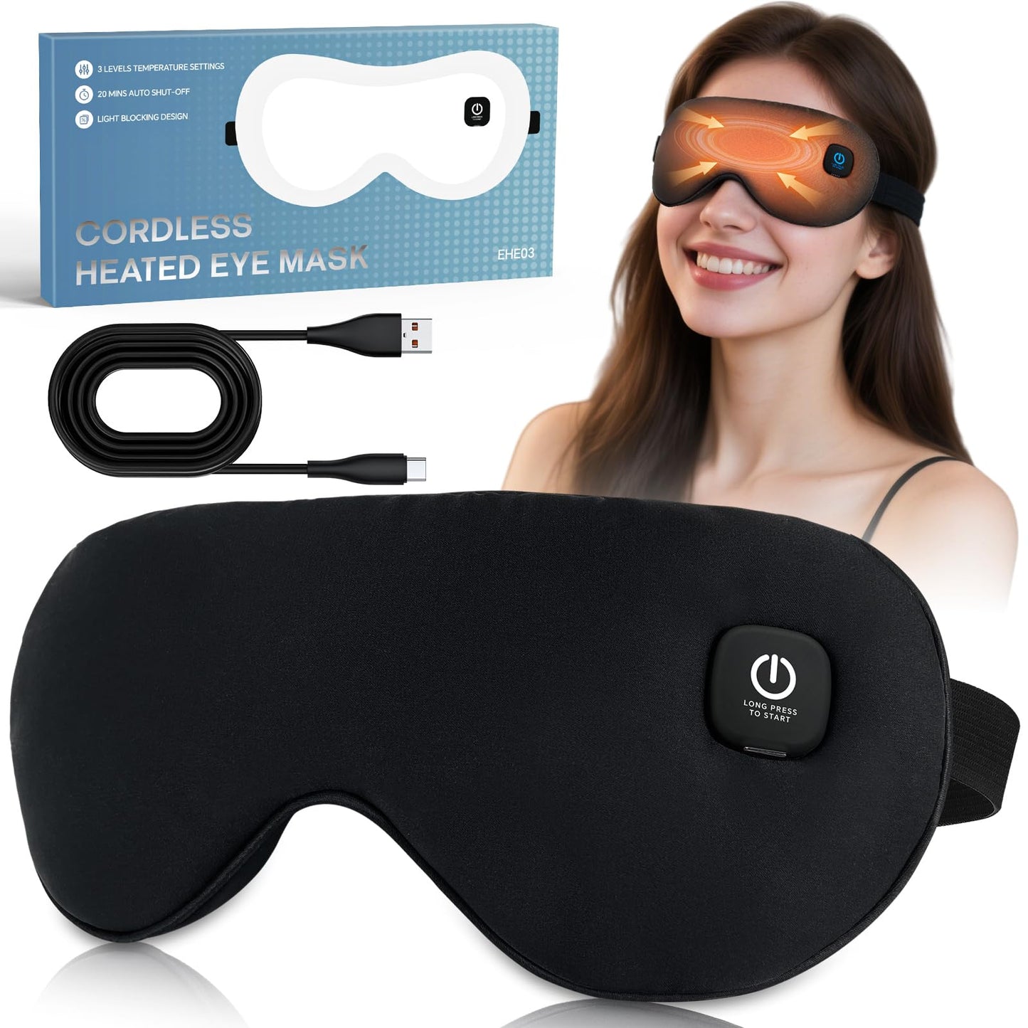 Cordless Heated Eye Mask for Dry Eyes Relief, with 3 Heat Settings, Washable Eye Cover, Warm Heating Pad for Stye Eye Treatment & Travel Use