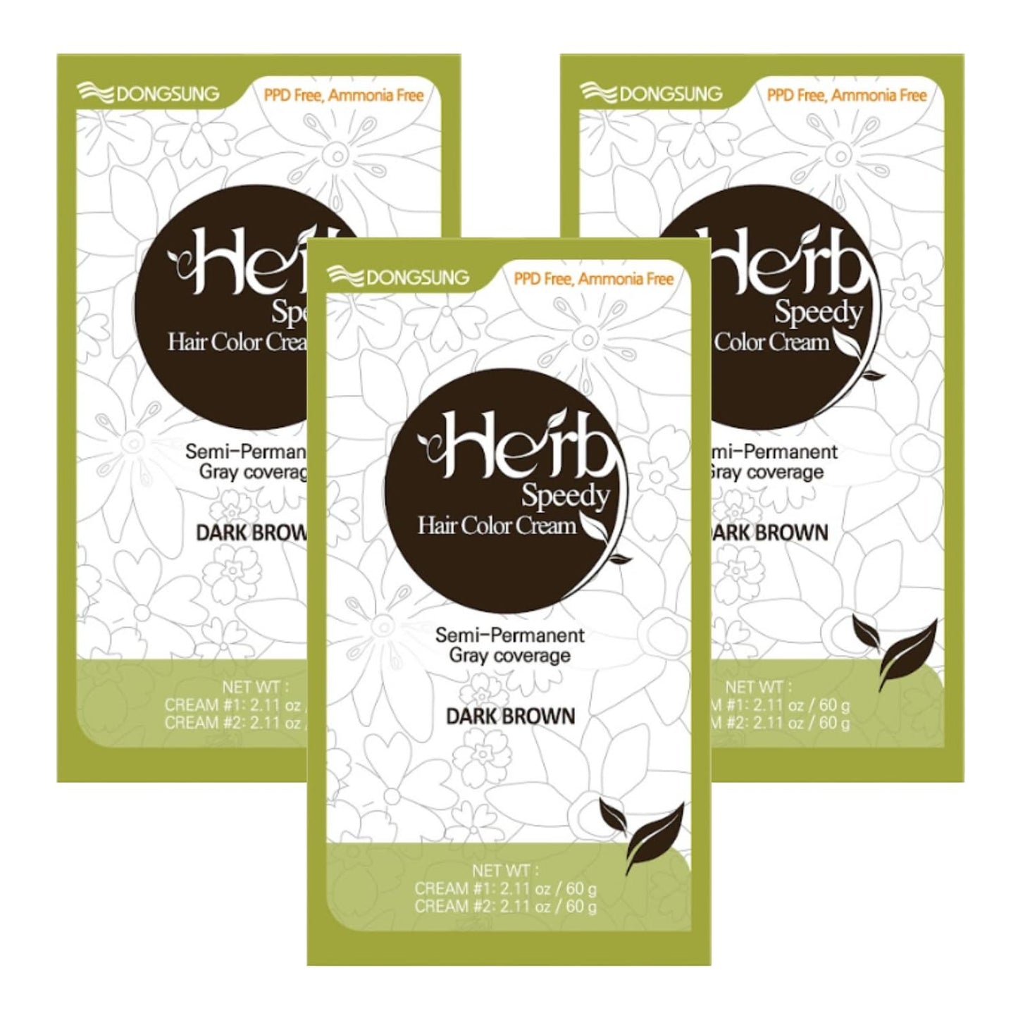Dongsung Herb Speedy Color Cream (Dark Brown, 3 Pack), PPD-Free Ammonia-Free, Gifts for Mom, Vegan Gray Coverage Hair Dye, Sun Protection, Odorless, Gentle for Sensitive Scalp, No Eye Scalp Irritation