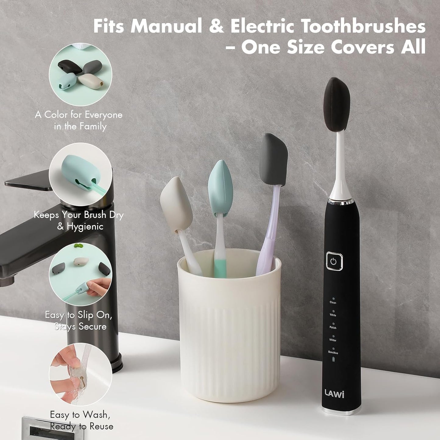 Silicone Toothbrush Covers - 4 Pack Portable Protector for Electric & Manual Brushes | Travel-Friendly Gray
