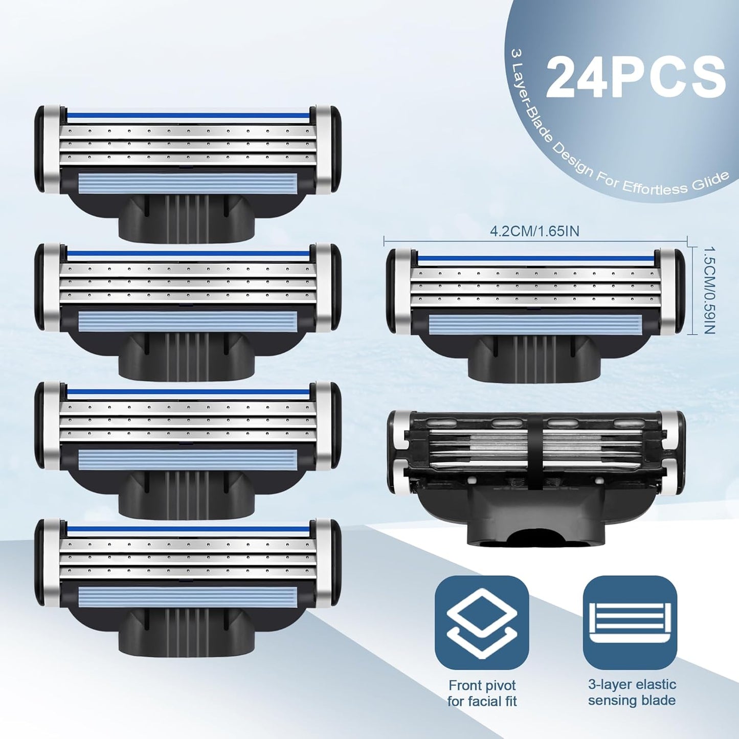 Razor Refills for Men - 24 Count 3-Blade Shaving Blades with Dual Lubrication | Compatible with Mach3 Handles