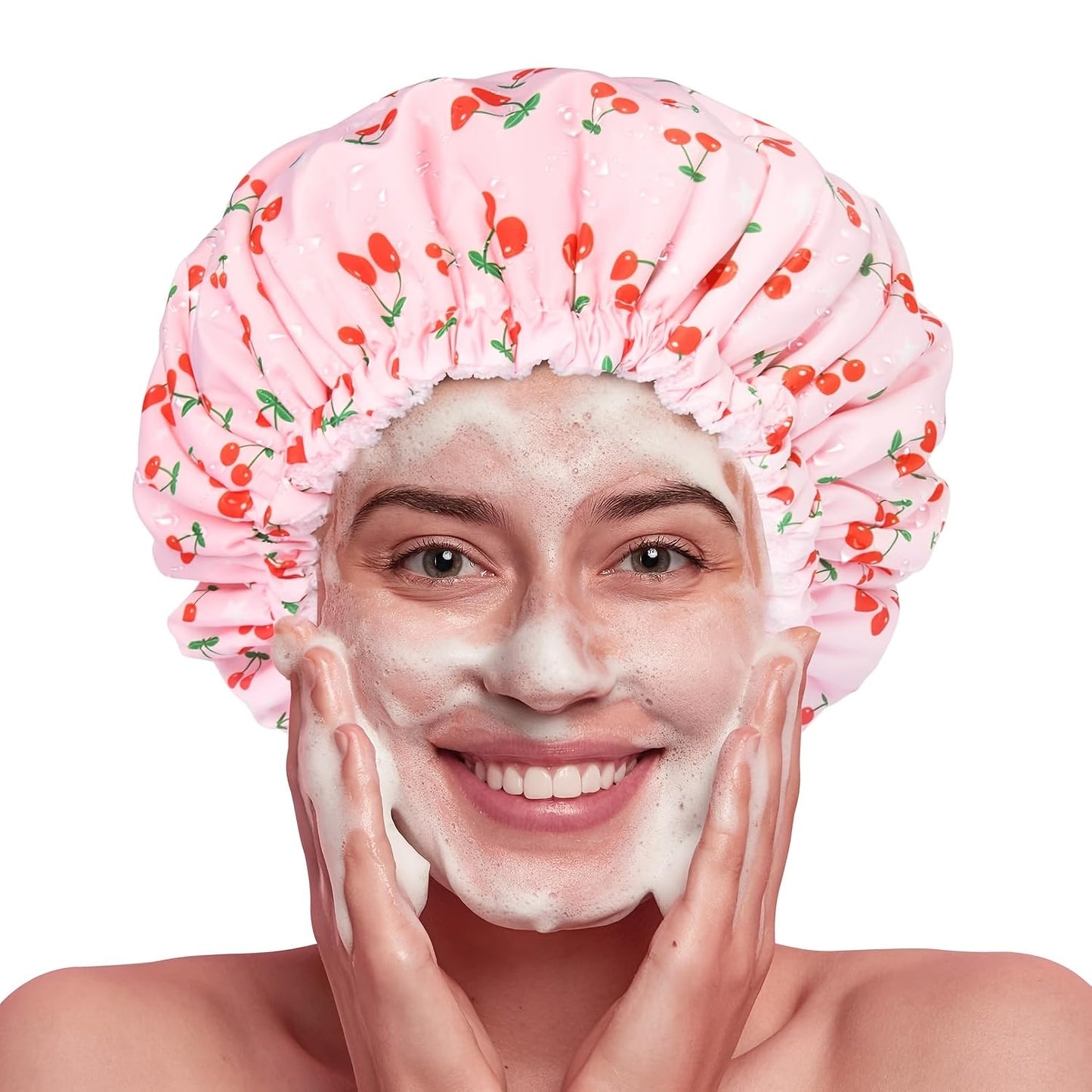 3 in 1 Shower Cap for Women, Pink Heart Print Reusable Waterproof Terry Lined Elastic Bath Wrap Long Braided Hair (Love)