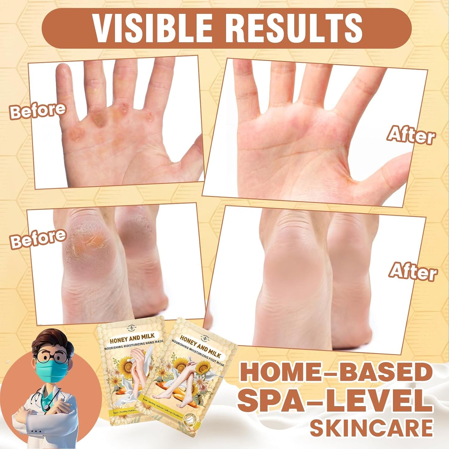 Hydrating Hand and Foot Mask Set - Moisturizing Socks for Dry, Cracked Heels | Honey & Milk, Vitamin E, 3 Pairs Each