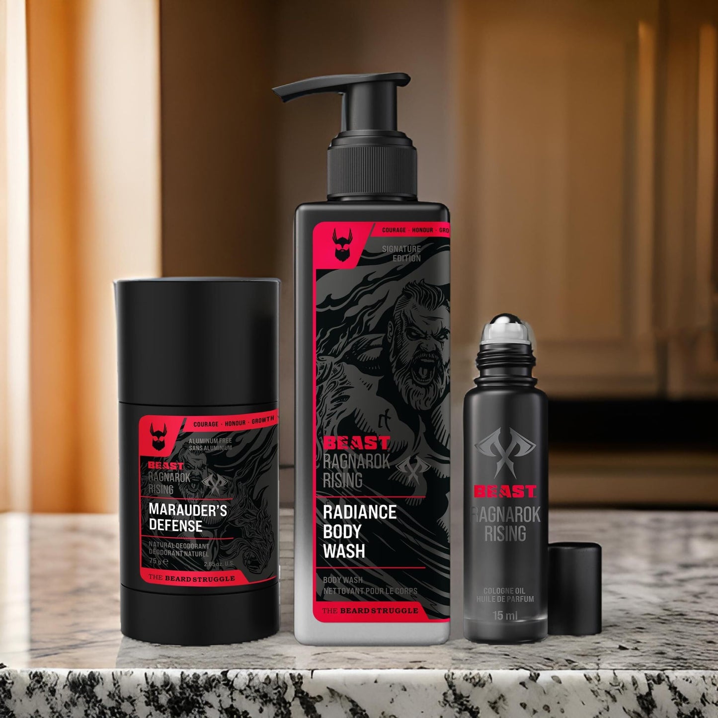 The Beard Struggle Beast Body Bundle: Eddie Hall The Beast Line Ragnarok Rising Special Edition - Men's Body Wash, Natural Aluminum Free Deodorant & Roll on Cologne