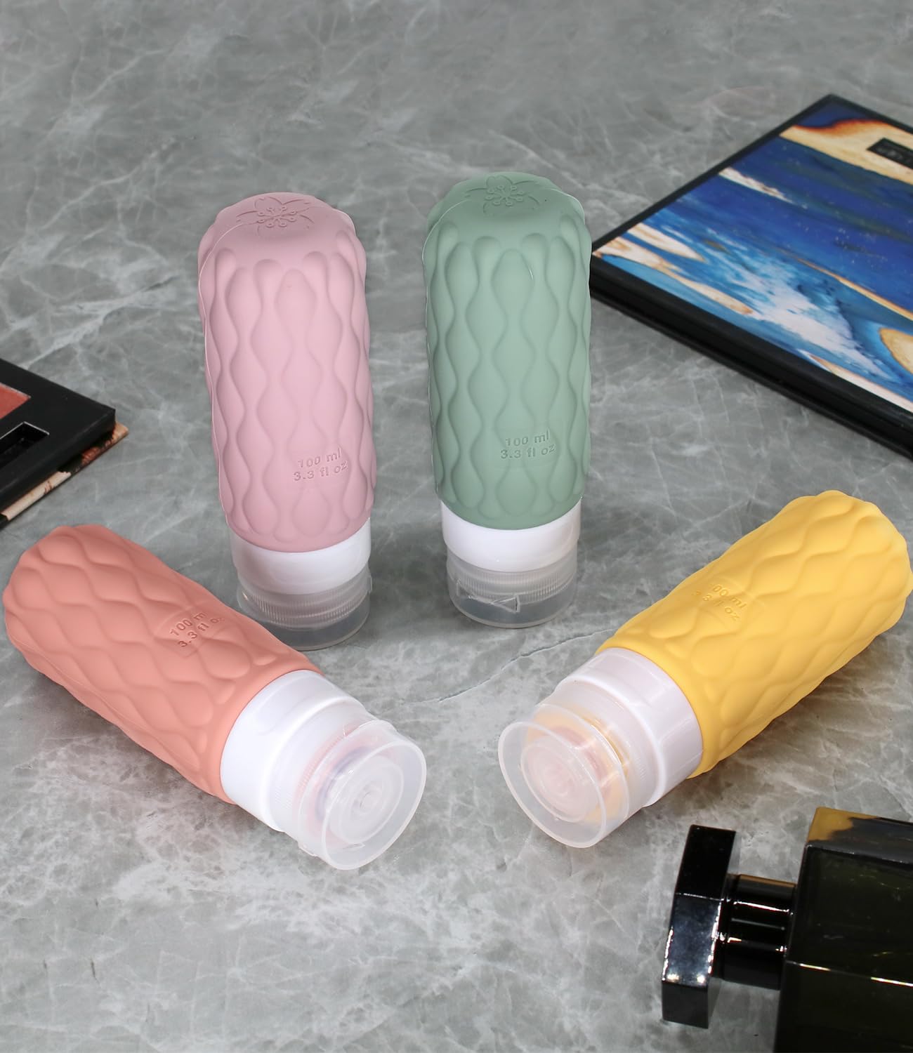 Lericttor Silicone Travel Bottles for Toiletries 8 Pack Travel Size Toiletries 3.4 oz 1.7 oz, Leakproof Squeeze Travel Size Containers Refillable Cosmetic Jars Set for Shampoo, Conditioner, Creams