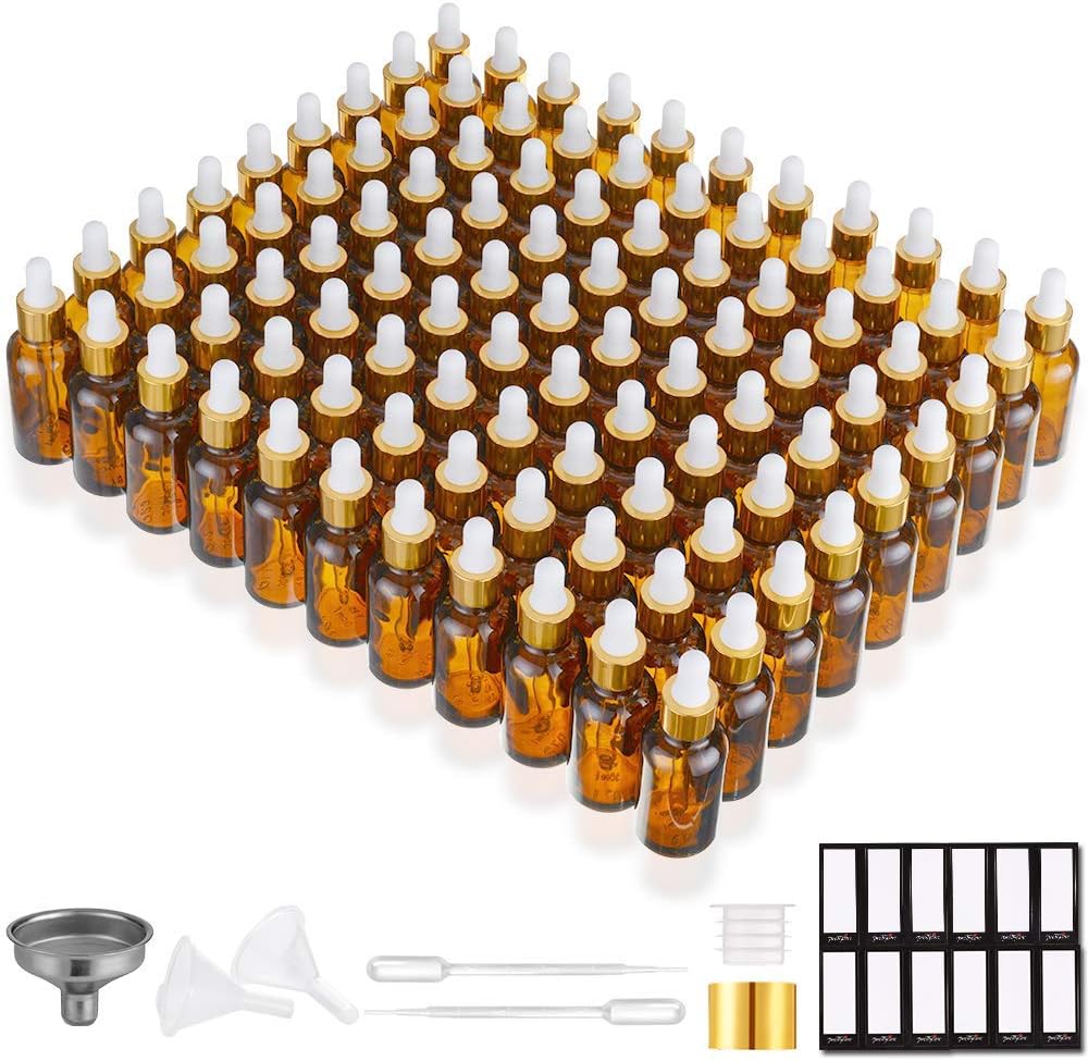 Glass Eye Dropper Bottles - 24 Pack 0.5oz Amber Leakproof Bottles with Golden Caps | Perfect for Essential Oils, Tinctures, Travel