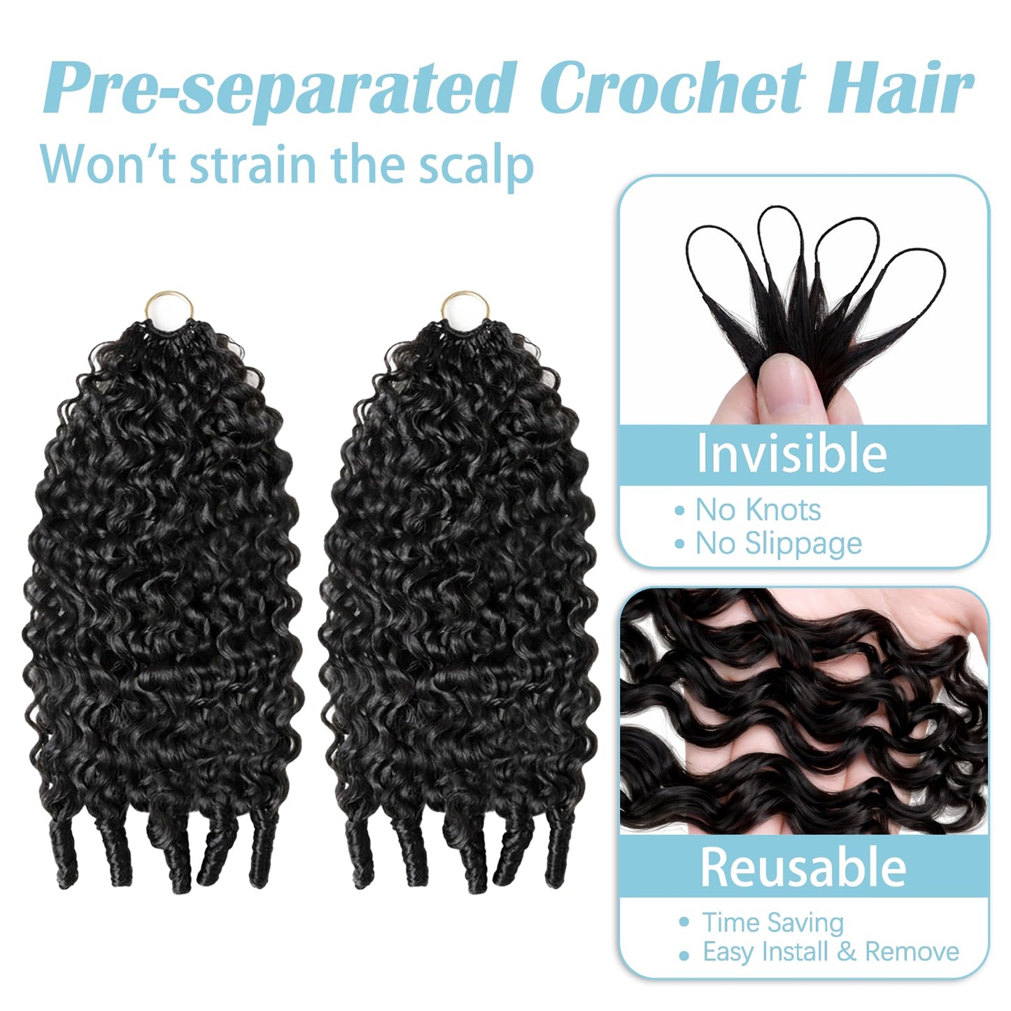 Burmese Curly Crochet Human Hair 16 Inch 50g Knotless Pre-Separated Feather Crochet Human Hair,Time-Saving,Lightweight Reusable Miracle Knots Hair With Spiral Curl for Black Women Natural Black Color