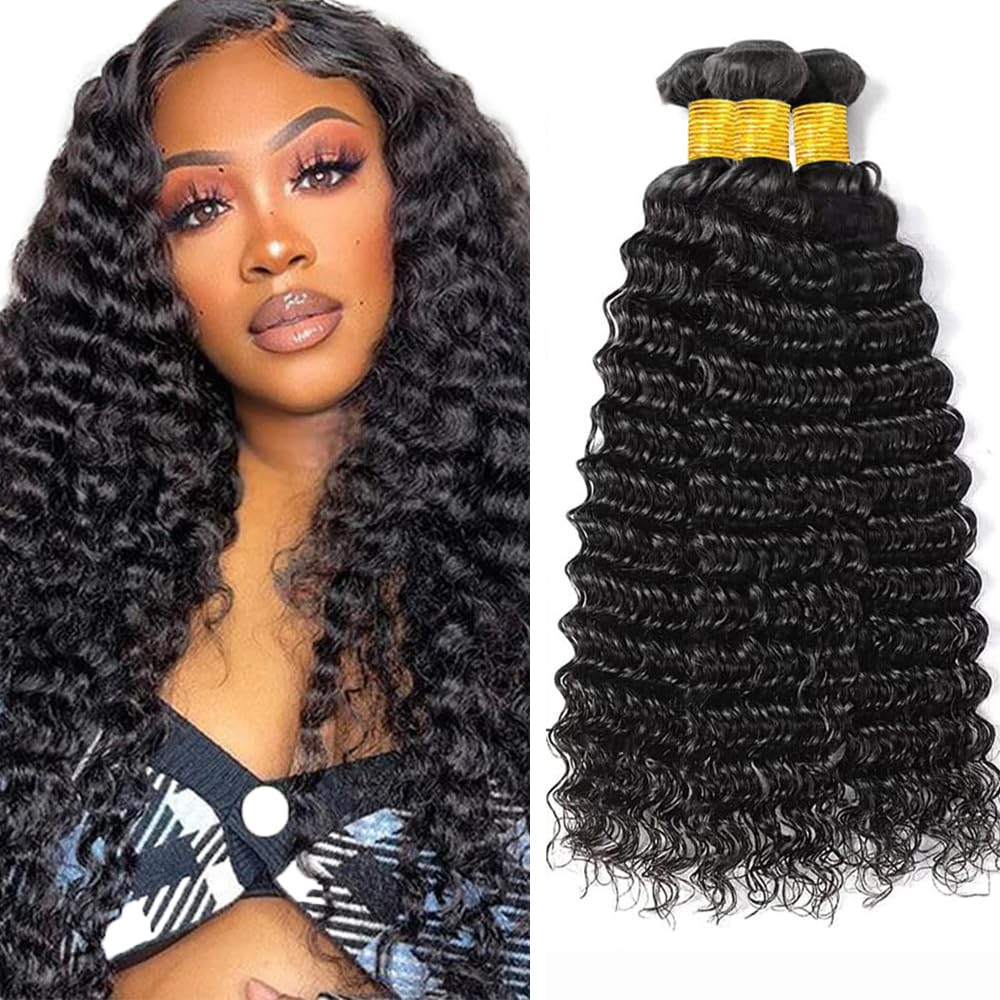 DiexrLamx Deep Wave Bundles Human Hair Color #1B Loose Deep Wave Bundle 16 18 20 Inch Brazilian Virgin Hair 3 Bundles Hair Extensions