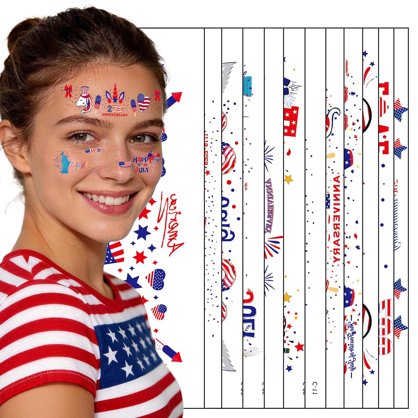 Patriotic Red, White & Blue Glitter Freckles Face Tattoos - 12PCS 4th of July Makeup Patches for Women & Kids