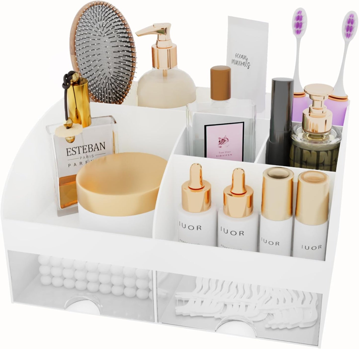 Makeup Organizer - Cosmetic Storage with Drawers for Vanity & Bathroom | White Beauty Holder for Lipstick & Brushes