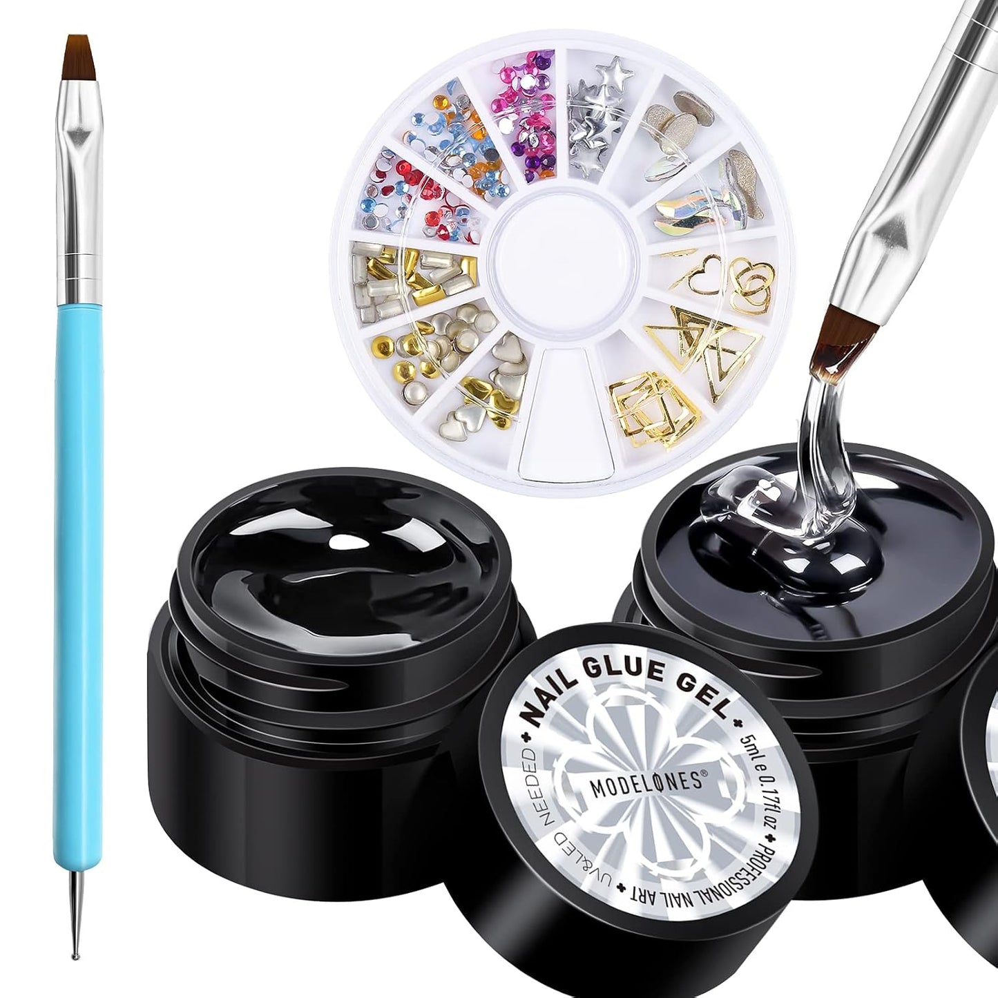 Rhinestone Nail Gem Glue - Super Strong No Wipe Adhesive with Dual-Use Brush | 2×5 ml