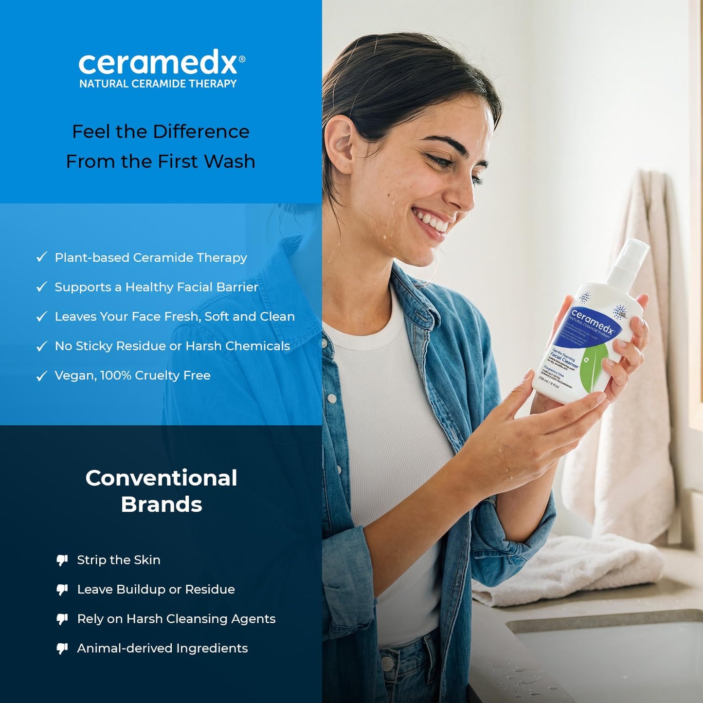 Ceramedx Gentle Foaming Facial Cleanser with Natural Ceramides for Dry, Sensitive Skin, Cruelty Free, Vegan & Fragrance Free, 8 fl oz