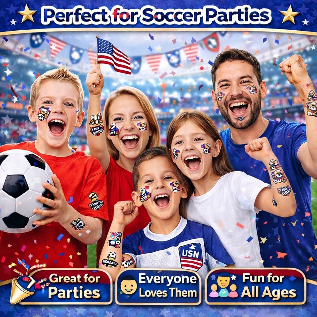 62Pcs Soccer Temporary Tattoos – USA Soccer Party Favors, American Flag Fan Tattoos, 2026 Soccer Cup Decorations, Birthday Party Supplies, Patriotic Tattoos for Fans, 2026 Soccer Celebration