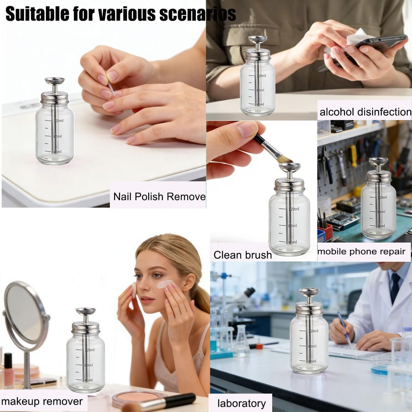 Glass Push Down Pump Dispenser Bottle - 4Oz Refillable Container for Alcohol, Makeup & Nail Polish Remover | Clear