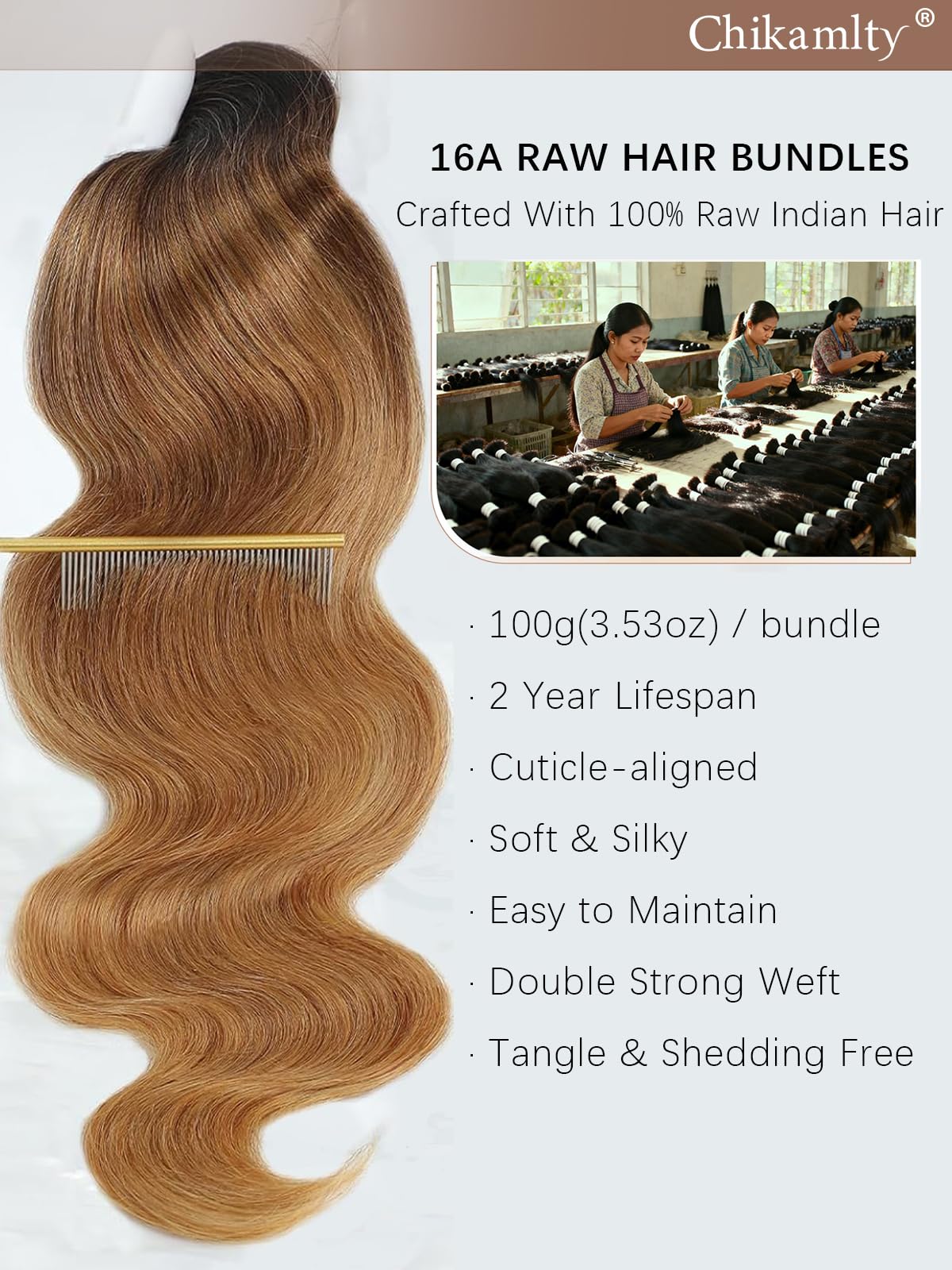 Chikamlty Ombre Bundles Human Hair, 16A Raw Indian Hair Bundles Body Wave, 20 Inch Colored Honey Blonde 1B27 Ombre Human Hair Bundles, 2 Years Service Life, Keep Texture Silky Soft Tangle-Free