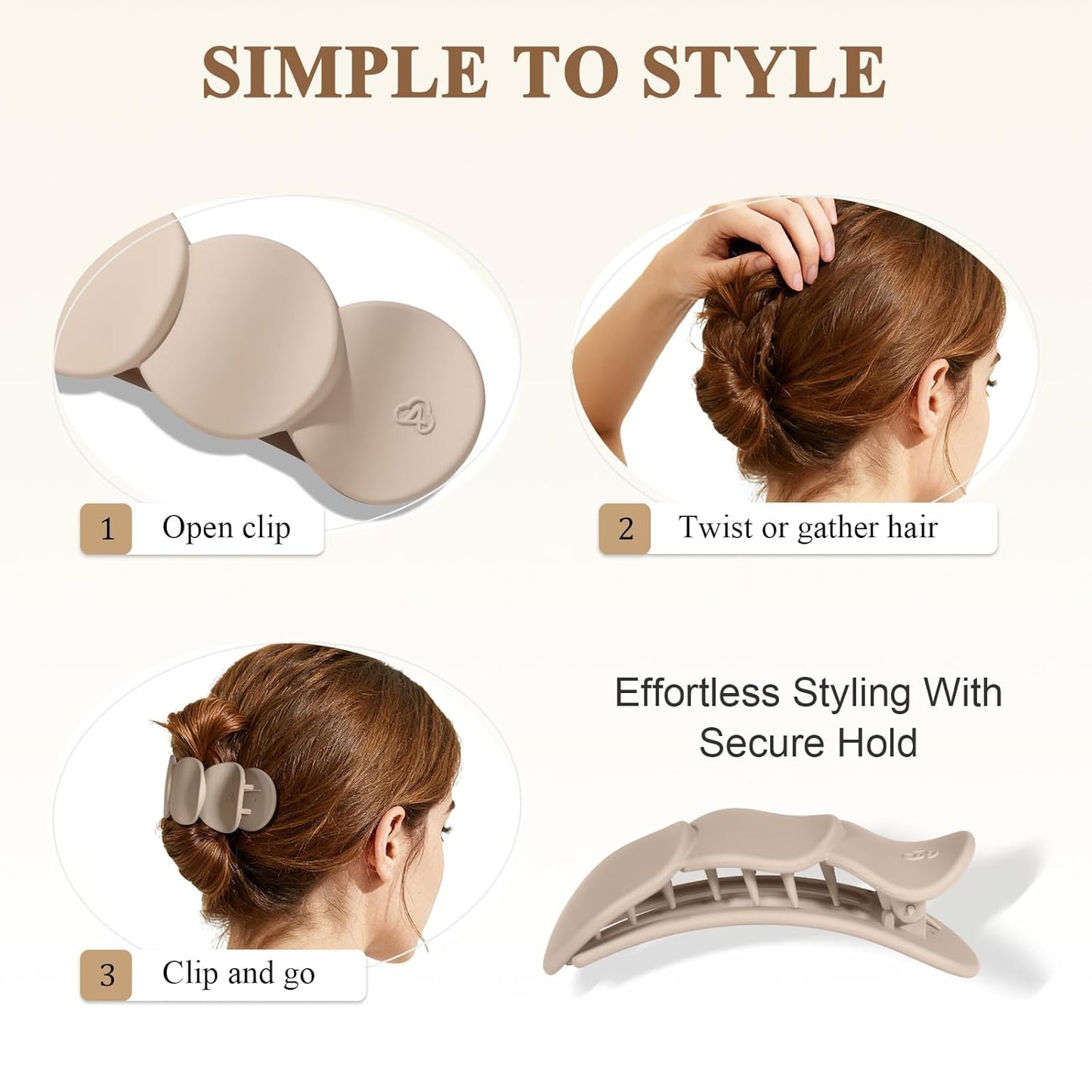 Medium Flat Hair Clips - Strong Hold French Claw Clips for Thick & Thin Hair | Non-Slip Duckbill Design, 4-Pack in Beige, Brown & Black
