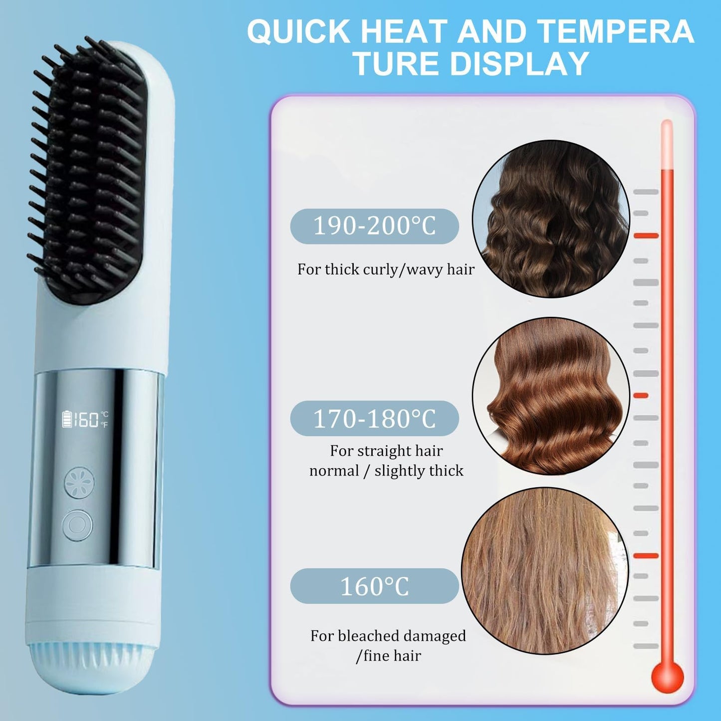 2026 New Go Brush Pro - 3 Temps Portable Cordless Hair Straightener Brush for Travel, Led Digital Display(°C/°F), Cool Air Setting On the Back (Blue)