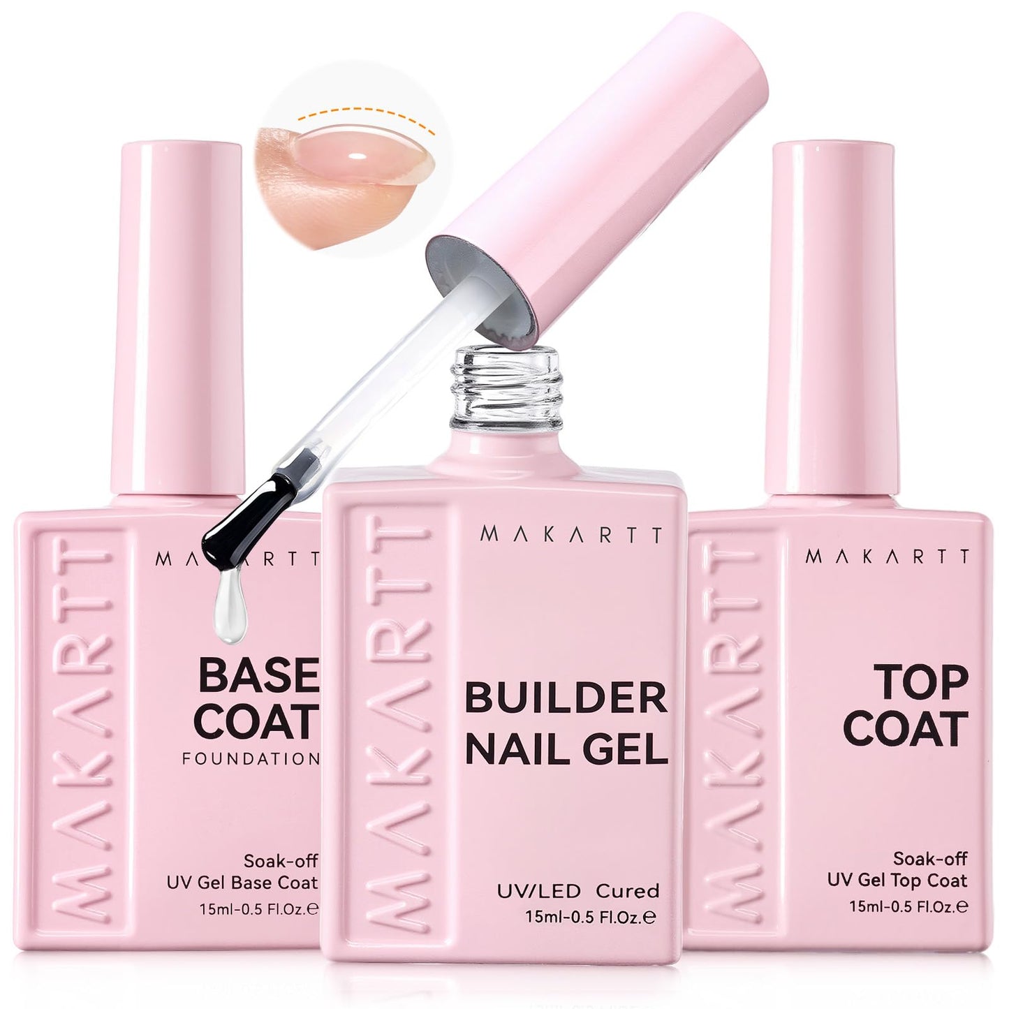 Makartt Builder Nail Gel with Top Coat Base Coat Kit: 3 PCS 15ml Long Lasting Diamond-Shine Finish No Wipe Clear Gel Polish Soak Off UV LED Lamp Needed Home DIY Gift Women