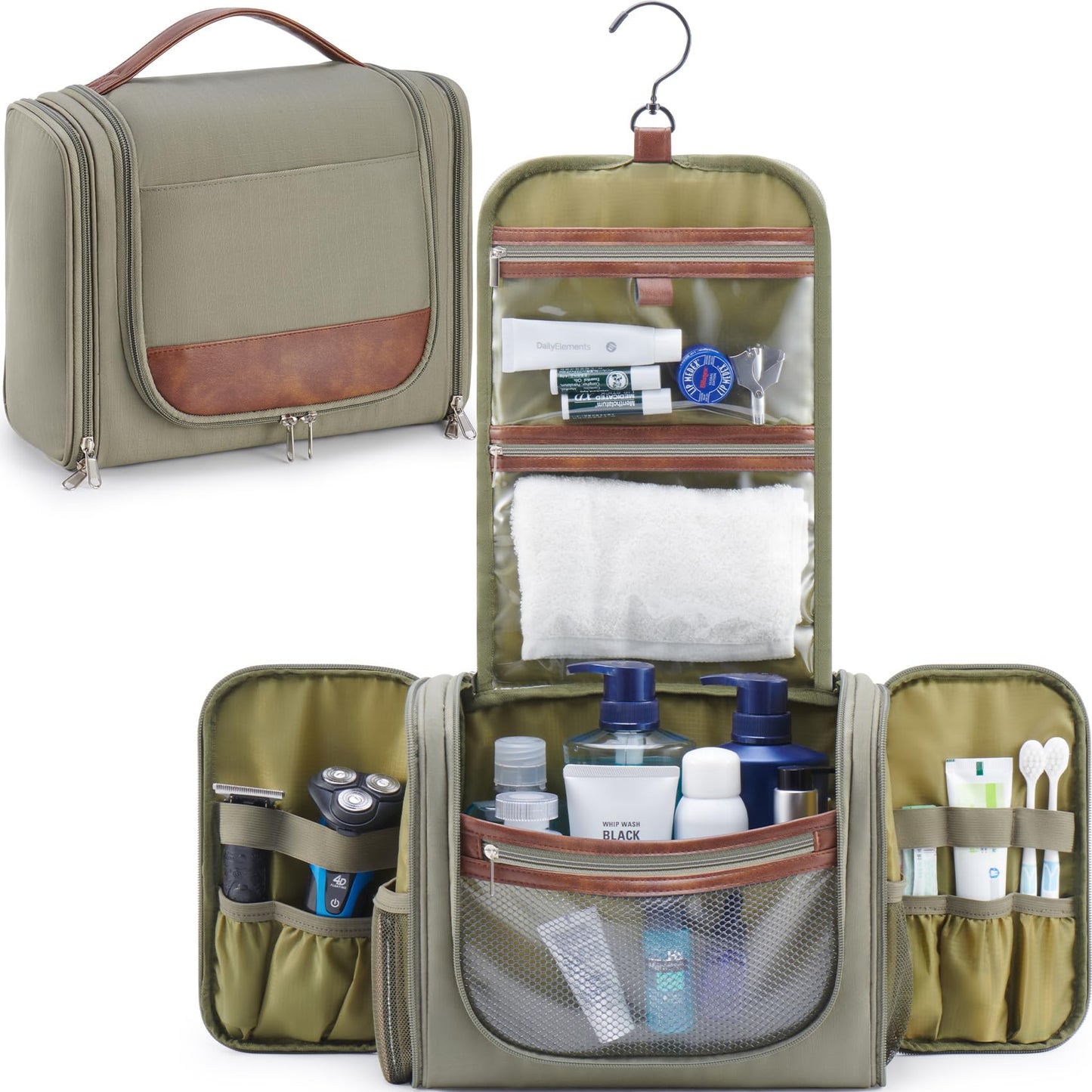 Ralnitote Large Hanging Toiletry Bag for Men, Travel Bathroom Bag with Hook, Hygiene Bag Organizer for Shower, Shaving & Grooming Essentials, Green