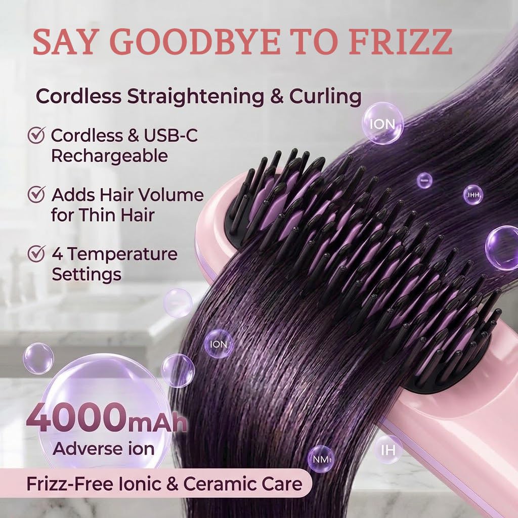 Flown Go Brush Pro for Short Hair, Nucelia Electric Hair Brush Styling for Travel, 2026 Upgraded Cordless Straightening & Curling Brush, 4000mah USB-C Rechargeable, Adds Volume, Frizz-Free Styling