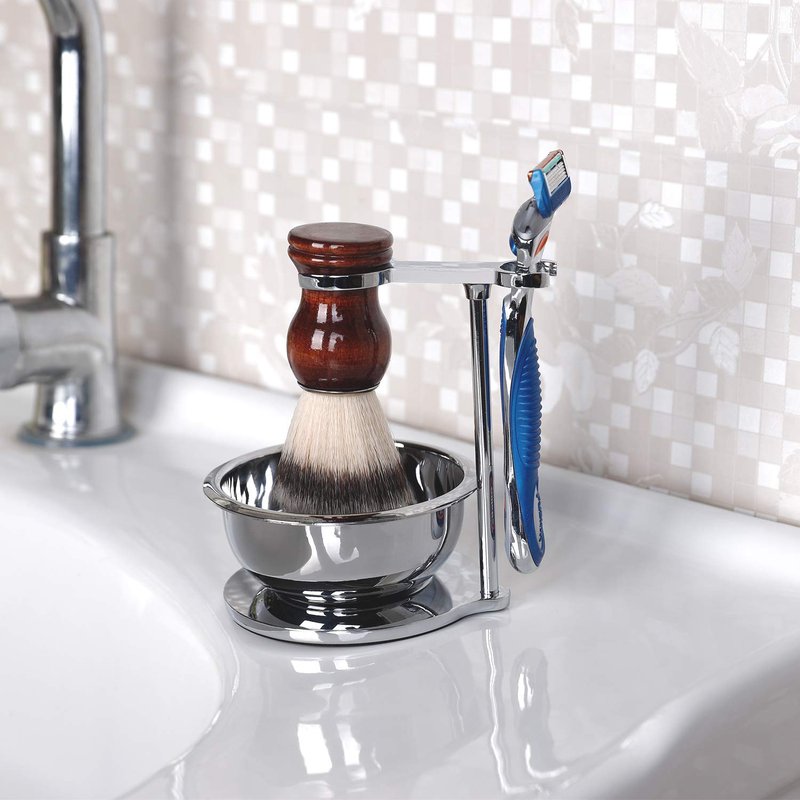 PerPro Deluxe Stainless Shave Razor Stand + Shaving Soap Bowl with Shaving Brush,Compatible with Gillette Fusion,Double Edge Safety Razor,Cartridge Razor