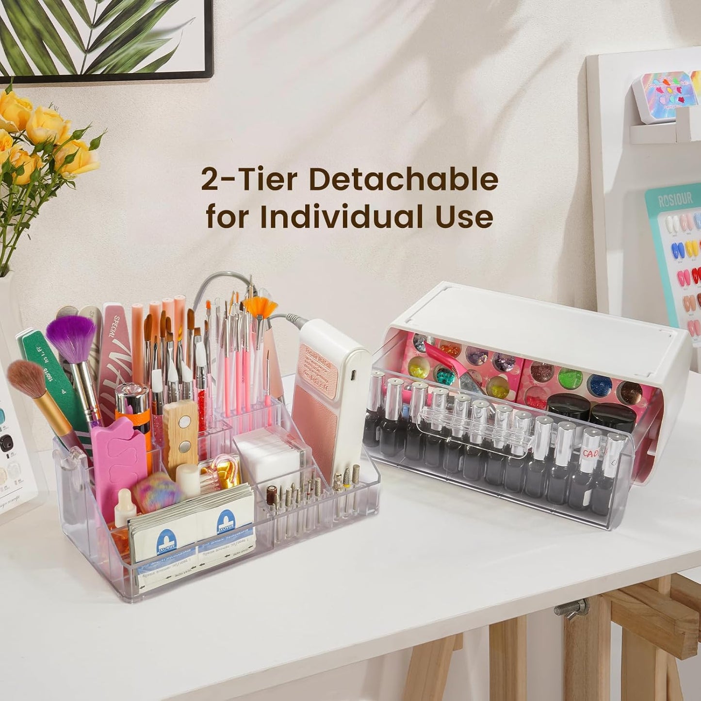 Nail Tech Organizer Case - 2-Layer Storage for Nail Polish & Drill Bits | Clear Design