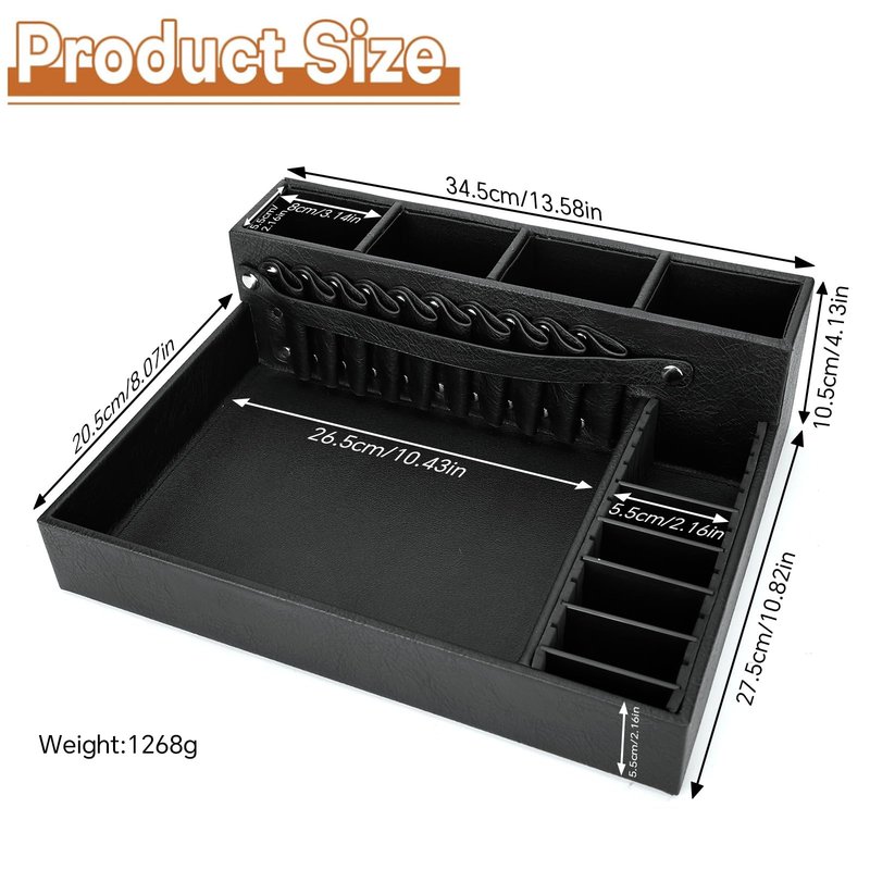 Barber Organizer Tray, 13.9 x 11.2 x 4.4 inch Adjustable Station for Clippers & Guards Scissors, Multifunctional Non-slip Barber&Salon Hair Tools Holder, with PU Leather Exterior Hairdressing Case