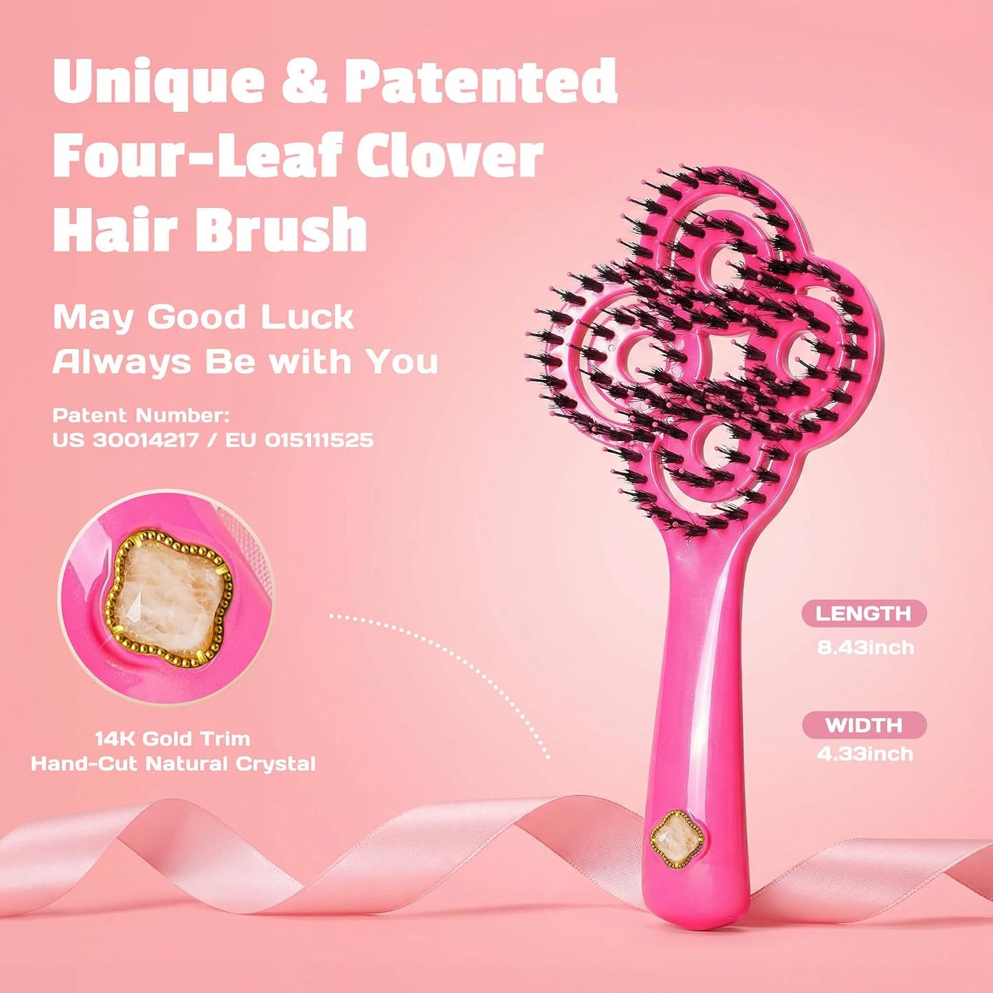 SIMETRA Lucky Hair Brush - 14K Gold Plated Detangling Brush with Natural Crystal Inlay | Boar Bristle for All Hair Types