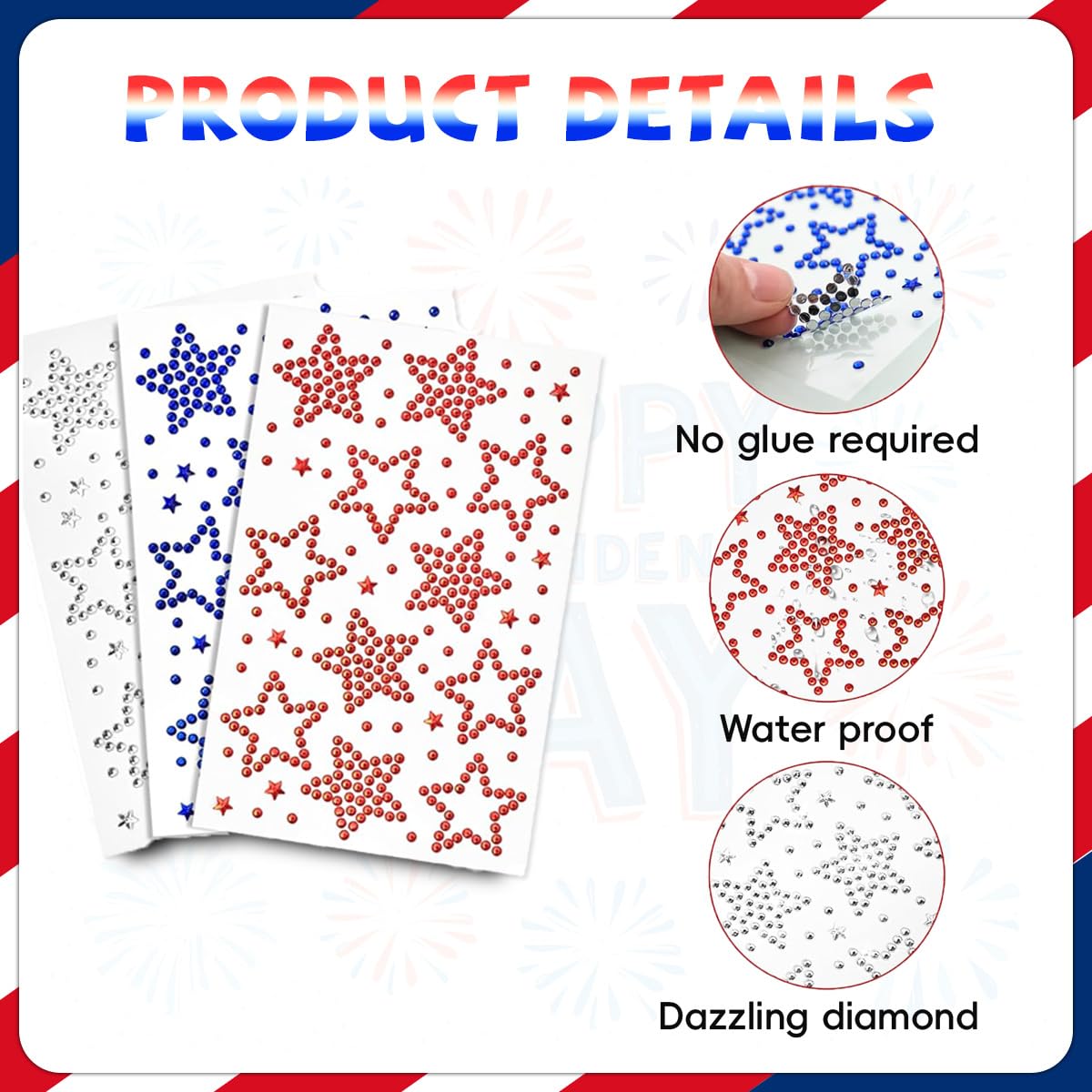 Permcoly 4th of July Rhinestone Stickers, Patriotic Self Adhesive Star Face Gem Stickers for Independence Day Decorations, Face Body Jewels for Women Kids, DIY Crafts Party Supplies Red White Blue