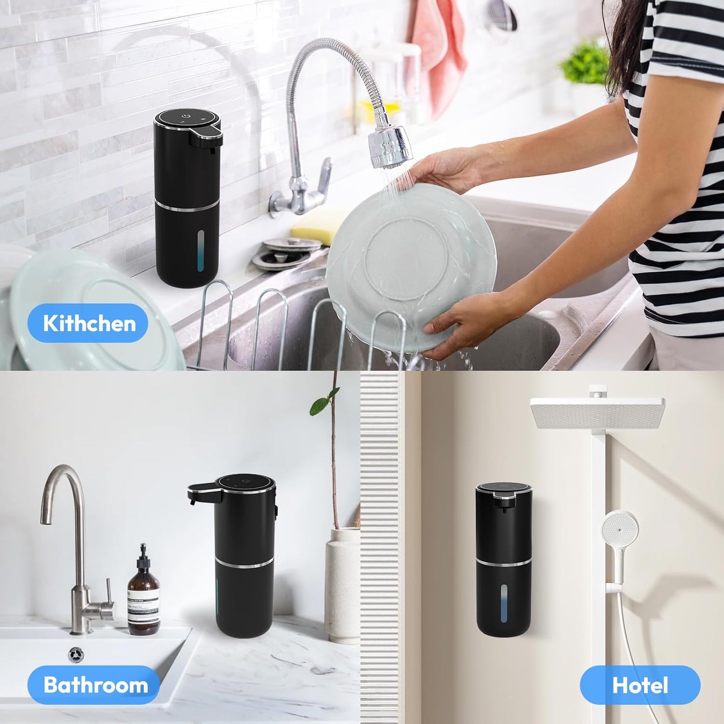 Automatic Foaming Soap Dispenser - Touchless 12.8oz Rechargeable Wall Mount for Bathroom & Kitchen | Black
