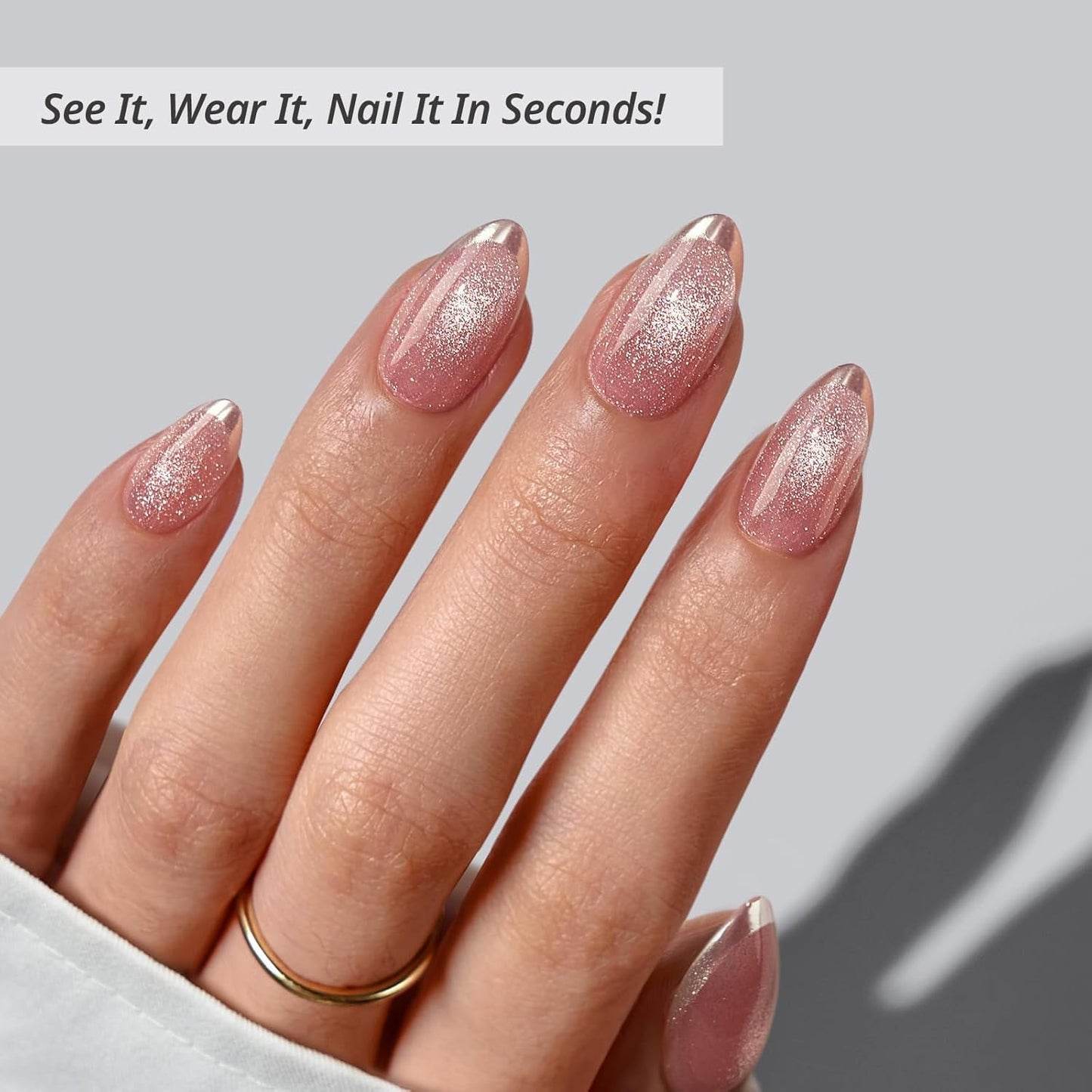 Press On Nails Almond - Gilded Cheer Short Glitter French Tips | 16 Sizes, Lamp-Curable Soft Gel Kit