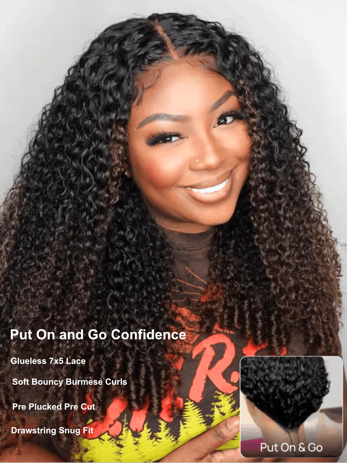 UNICE Burmese Curly Human Hair Wig with Finger Coil Ends Glueless 7x5 Lace Front Drawstring Wig Pre Plucked Pre Cut Put On and Go Black to Chestnut Brown Ombre 18 inch