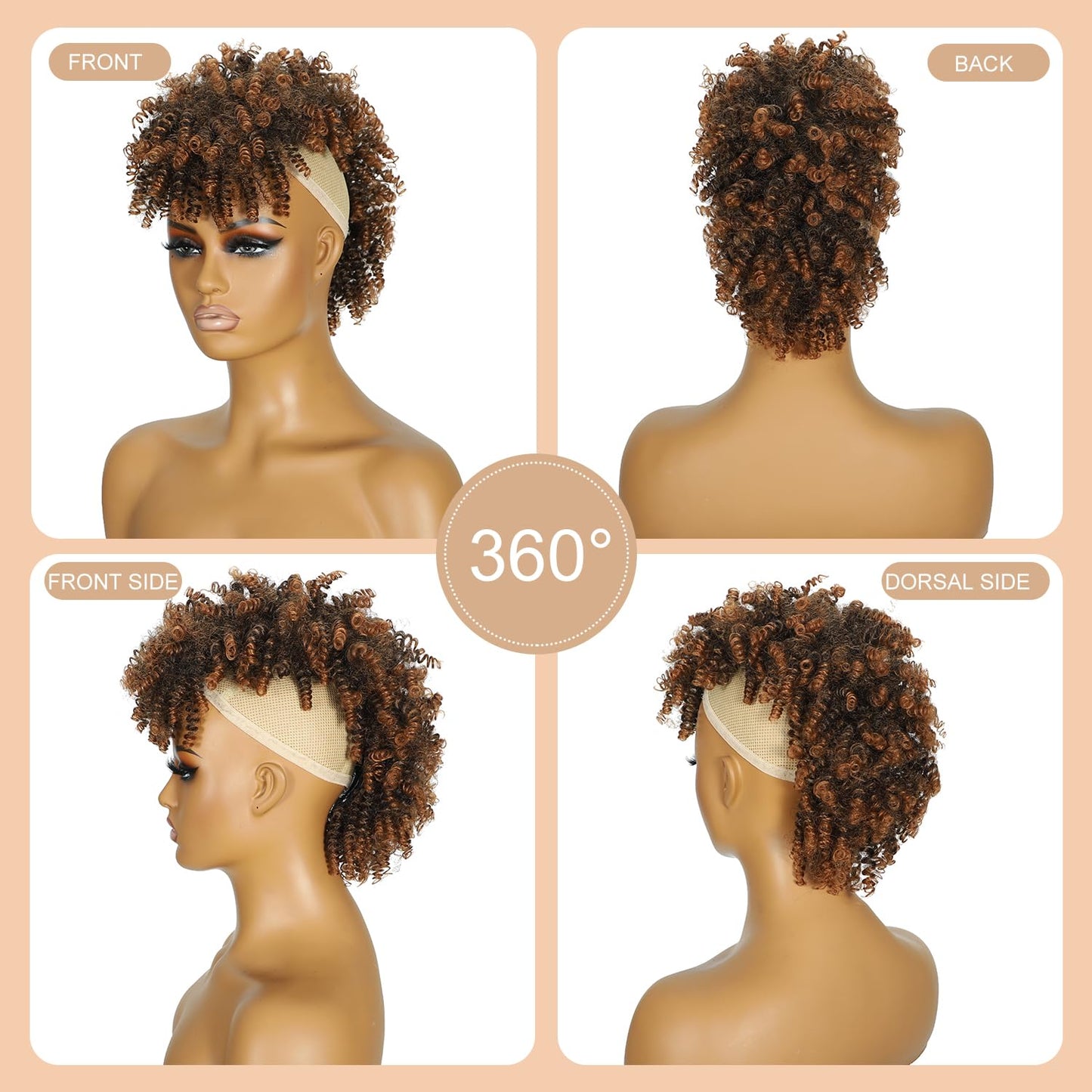 Kinky Curly Brown Mohawk Wig - Short Synthetic Ponytail Extension with Bangs | Fluffy Hair for Daily & Party Use 1B/30