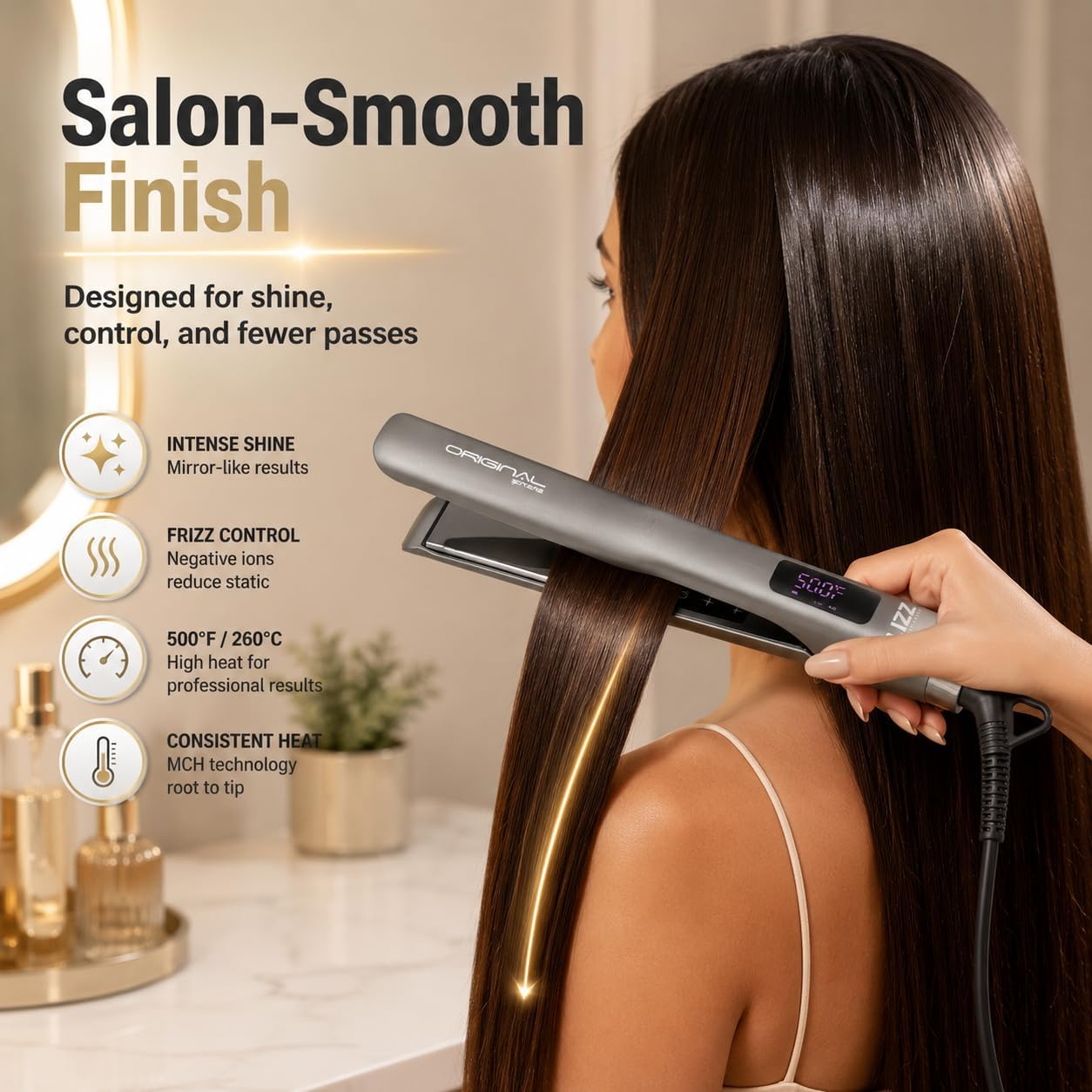 Professional Hair Straightener - Titanium Black Plates, LCD Display, 500°F, Anti-Frizz, Dual Voltage