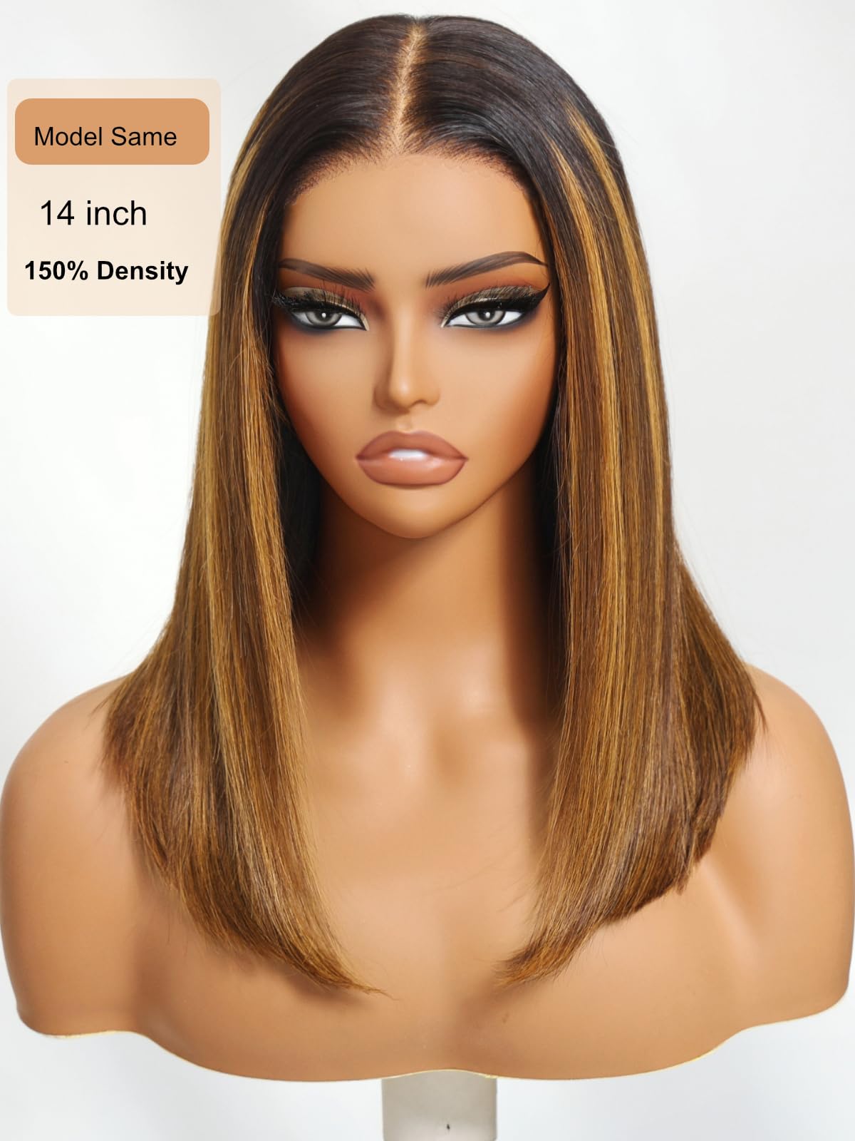 UNICE Bye Bye Slip Blunt Bob Wig Human Hair 7x5 Lace Closure Glueless Drawstring Wig Pre Plucked Pre Cut Bleached Knots Brown with Blonde Piano Highlights 12 inch