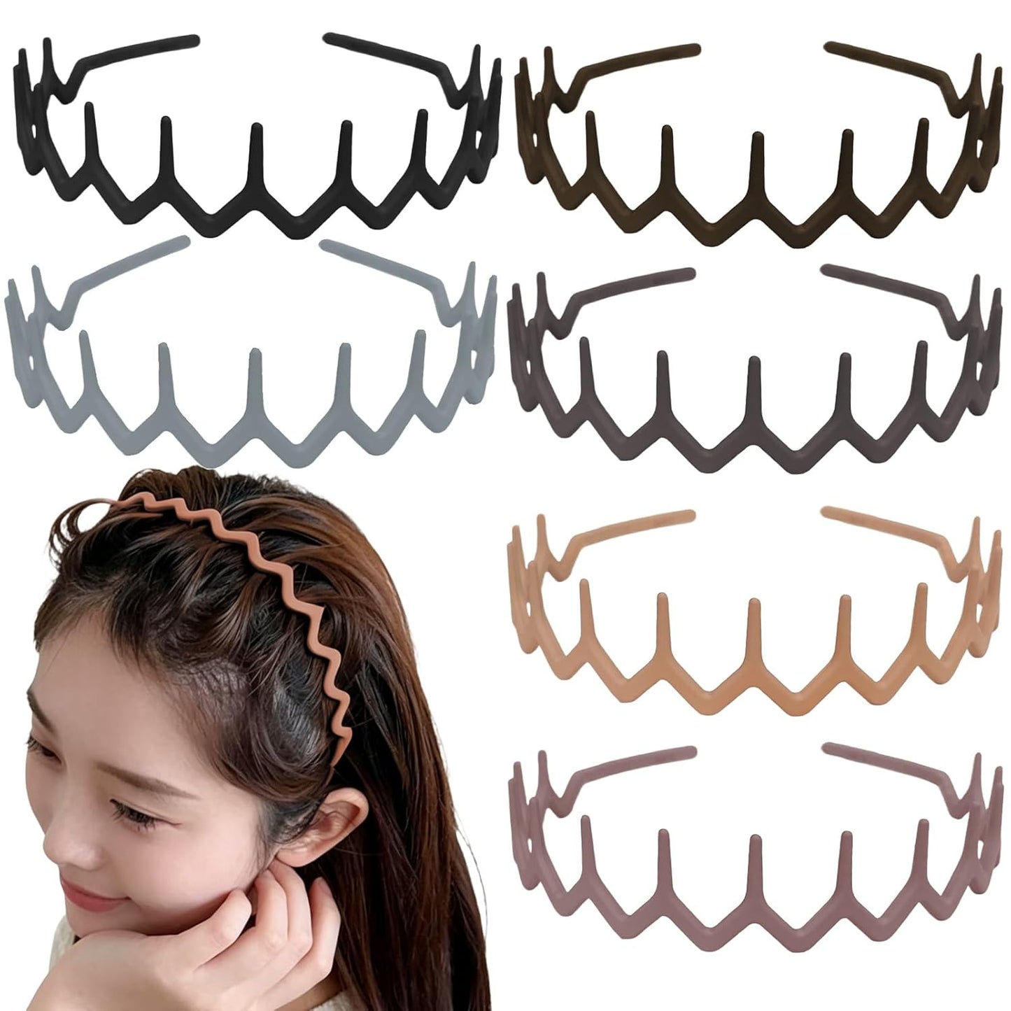 Zig Zag Headbands for Women - Non-Slip Plastic Hair Bands | 6 Pack 90s Retro Style Accessories