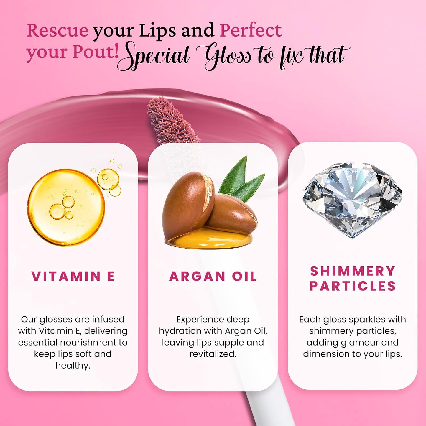 Diamond Lustre Lip Gloss Bundle - 5 Pack | Vitamin E & Argan Oil Infused, Long-Lasting Shine, Hydrating Formula