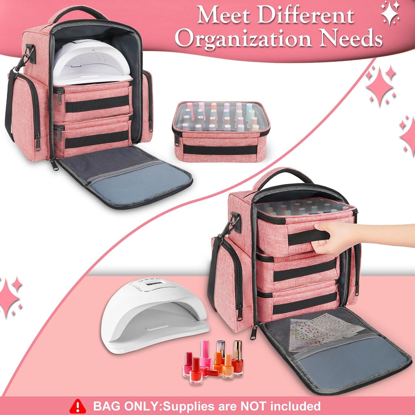 Nail Polish Organizer - Holds 72 Bottles | Large Carrying Case with 3 Removable Pouches & 4 Zippered Pockets for Manicure Tools