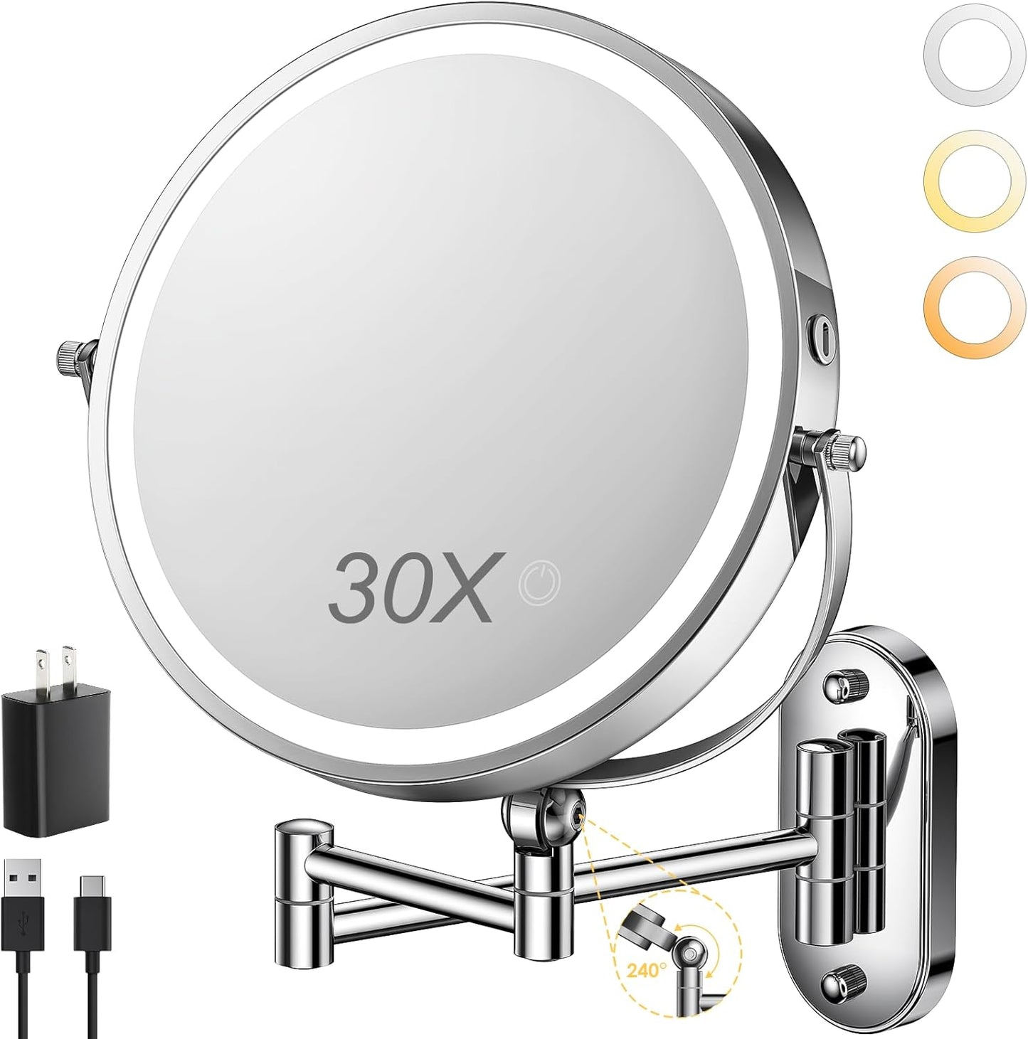 ZLOKLA 9" Wall Mounted Lighted Makeup Mirror - 1X/30X Magnification, Touch Dimmable, 360° Rotation, Rechargeable