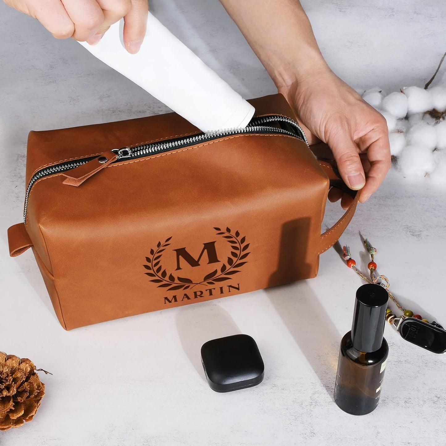 Personalized Leather Toiletry Bag - Engraved Name, Waterproof | Brown Travel Organizer for Men, Perfect Groomsmen Gift