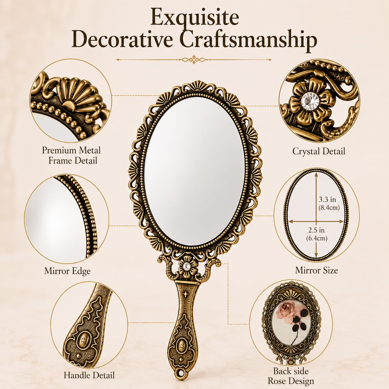 SEHAMANO Hand Mirror with Handle Compact Handheld Makeup Mirror Rose Cosmetic Clear Mirror (Matt Gold (Brass))