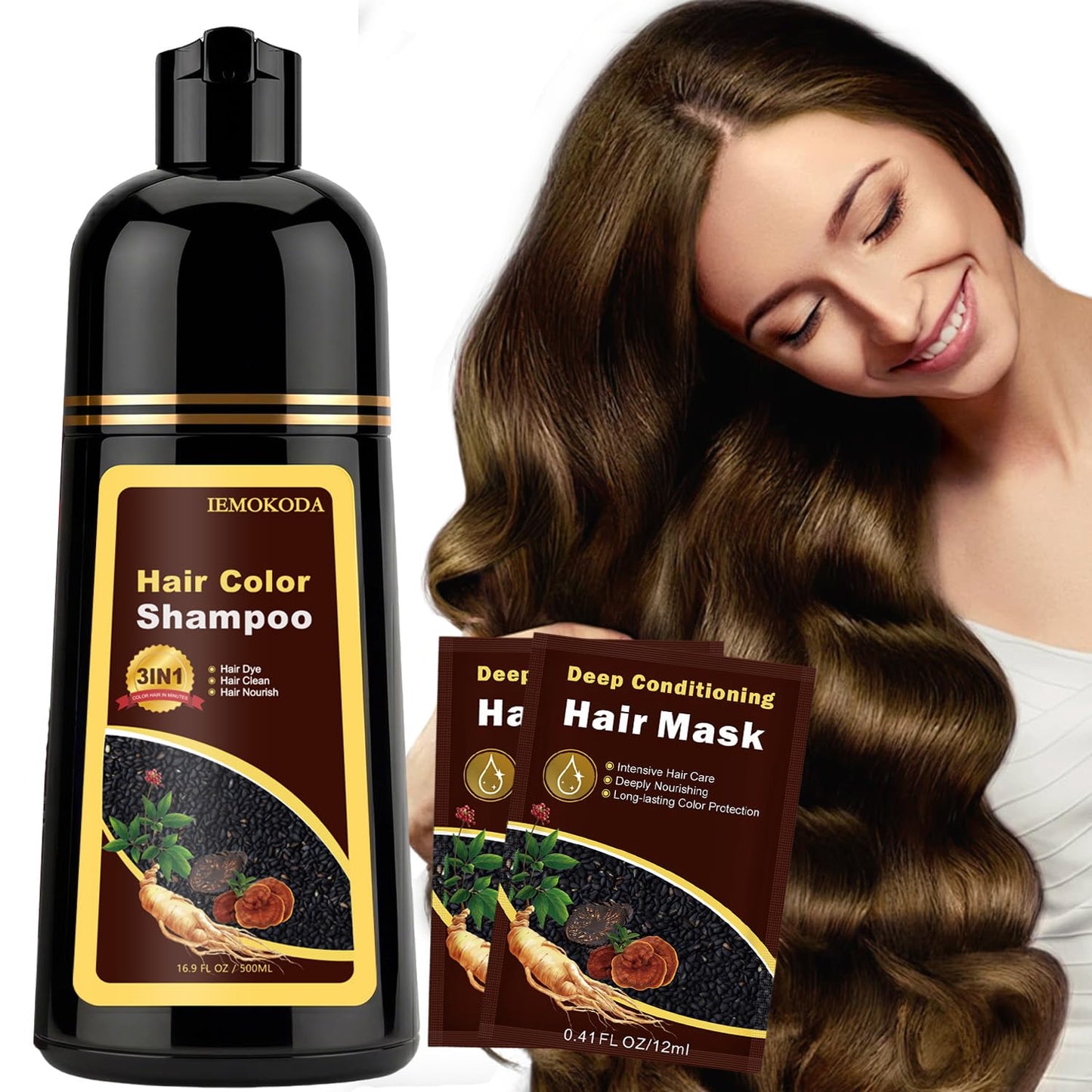 Instant Black Hair Dye Shampoo - 100% Gray Coverage | Herbal Formula, 3-in-1 Care, 500ML