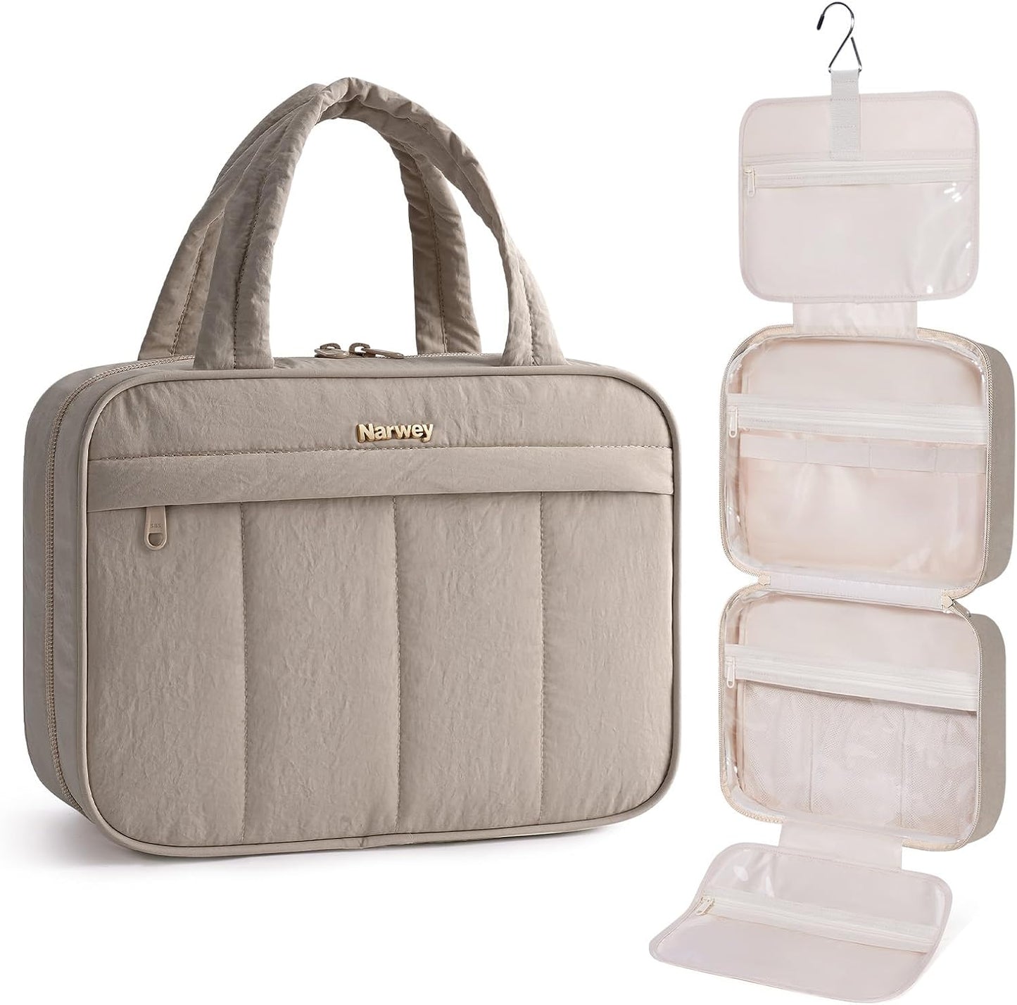 Hanging Travel Toiletry Bag for Women - Quilted Makeup Organizer with Handle | Portable Khaki Bathroom Essentials