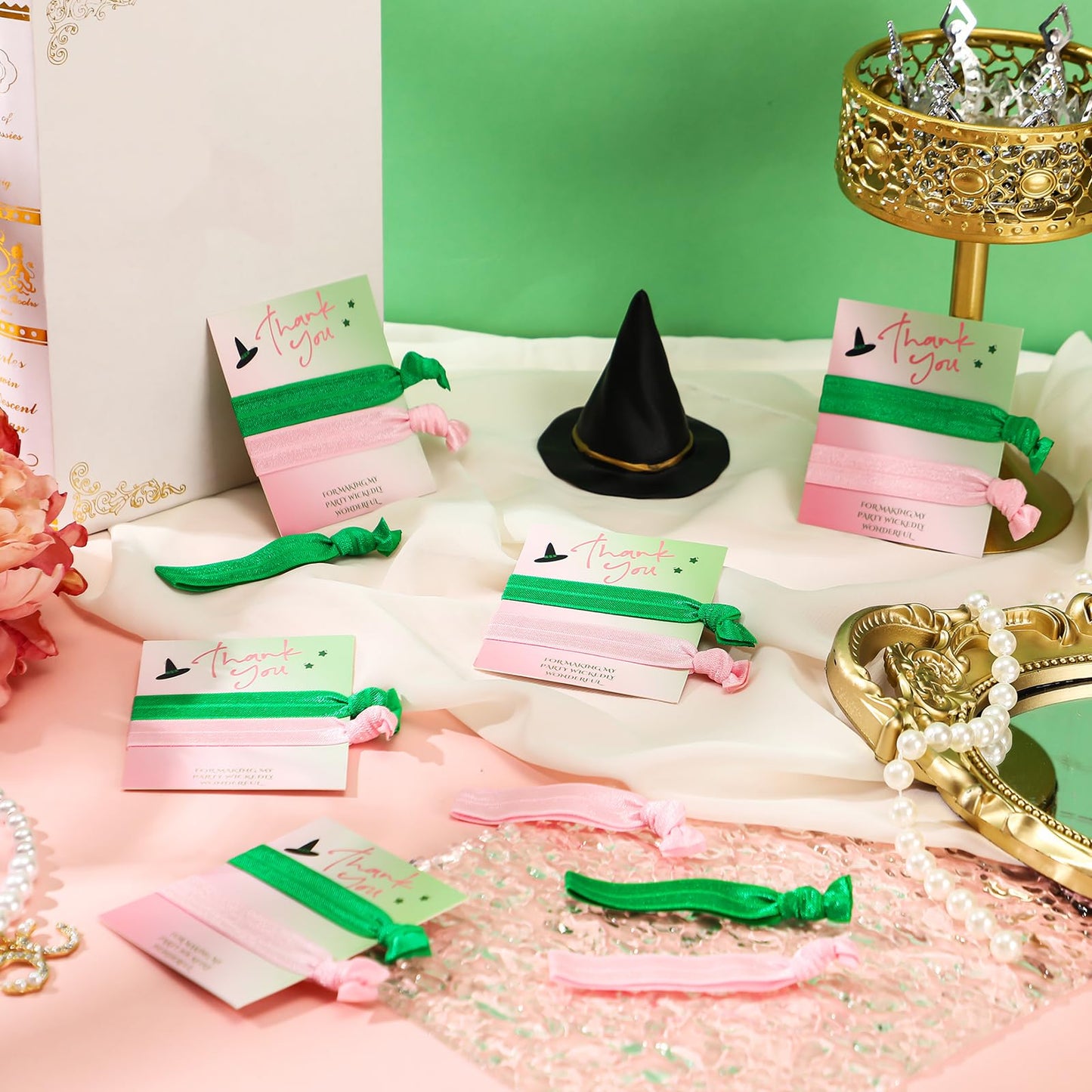 Yuxung 12 Sets Green and Pink Party Favors Elastic Witch Hair Ties Hair Accessories with Thank You Card for Witch Friendship Gifts