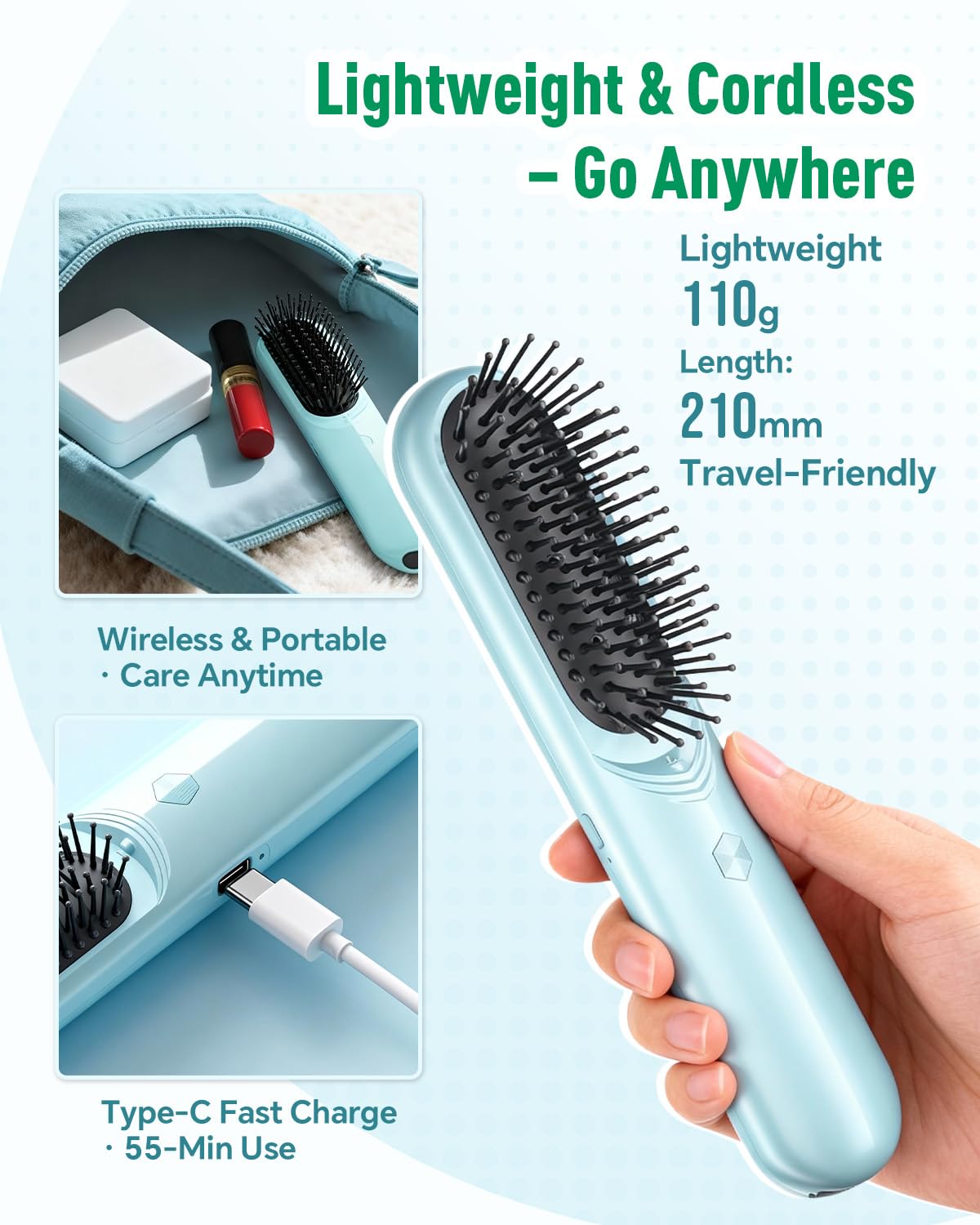 BONNET QUEEN Multifunction Electric Mist Hair Brush for Curly Hair, Hair Oil Applicator & Scalp Massager, Deep Conditioning, Frizz Control, Cordless Hairbrush for Home & Travel, Green