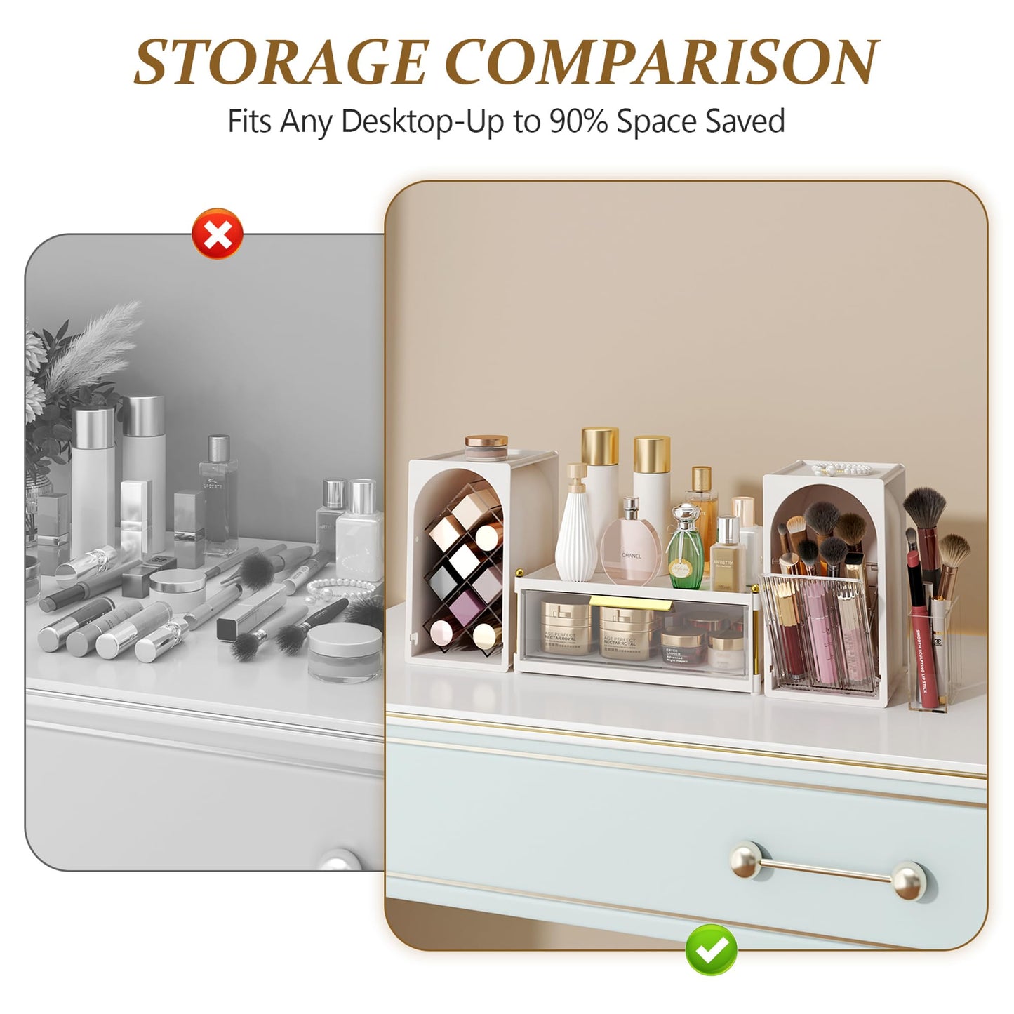 FOLLOWIN Compact Makeup Organizer Set, Lipstick Holder with Grid,Makeup Brush Organizer with Flip Drawer, 2 Ways to Arrange, Milk White Vanity Countertop Storage with Detachable Drawer for Cosmetics